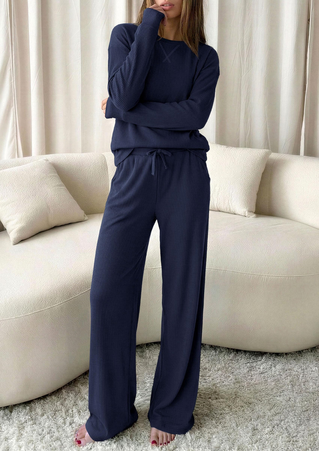 PRETTYGARDEN Sweatsuits Women 2 Piece Airport Travel Outfits | Ribbed Knit Lounge Sets, Casual Athleisure Wear, Matching Long Sleeve Shirts & Wide Leg Pants Pockets, Fall Winter Clothes