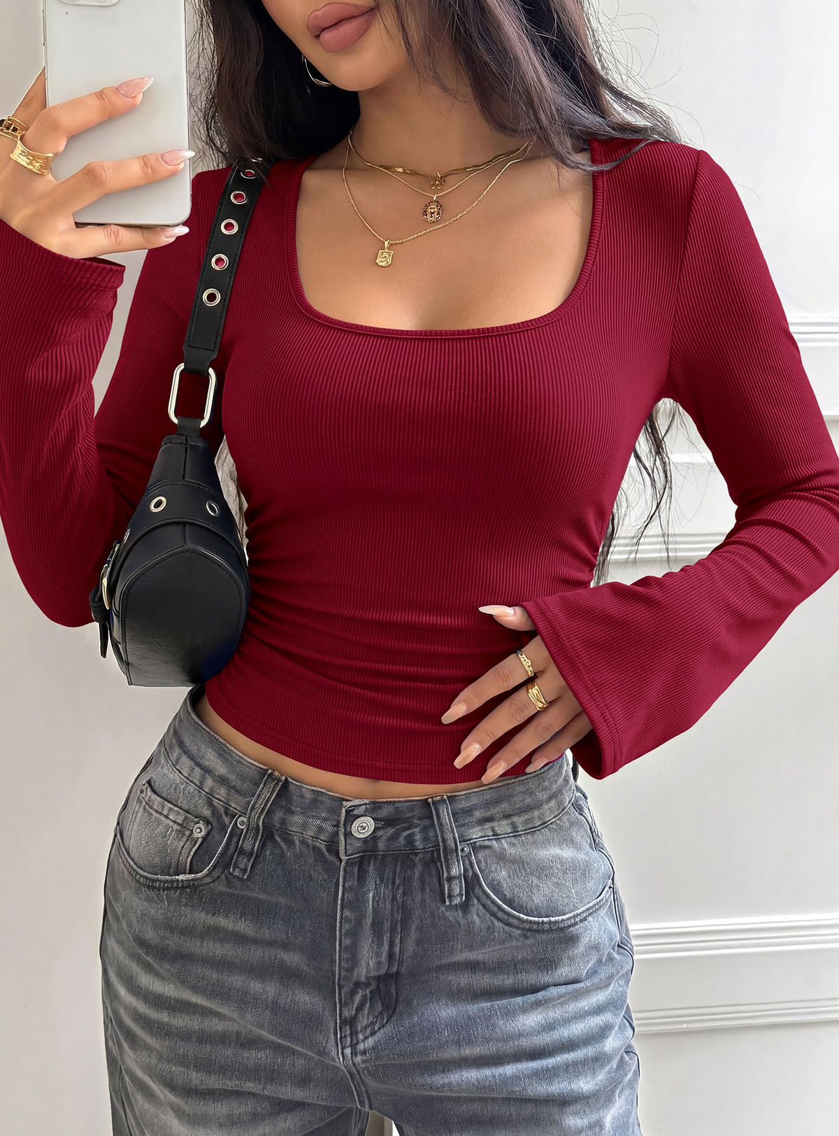 PRETTYGARDEN Womens Bell Long Sleeve Shirts Going Out Tops | Soft Stretchy Ribbed Knit, Square Neck, Slim Fit Y2K Clothes, Trendy Side Ruched, Layering Tee for Casual Fall & Winter Wear