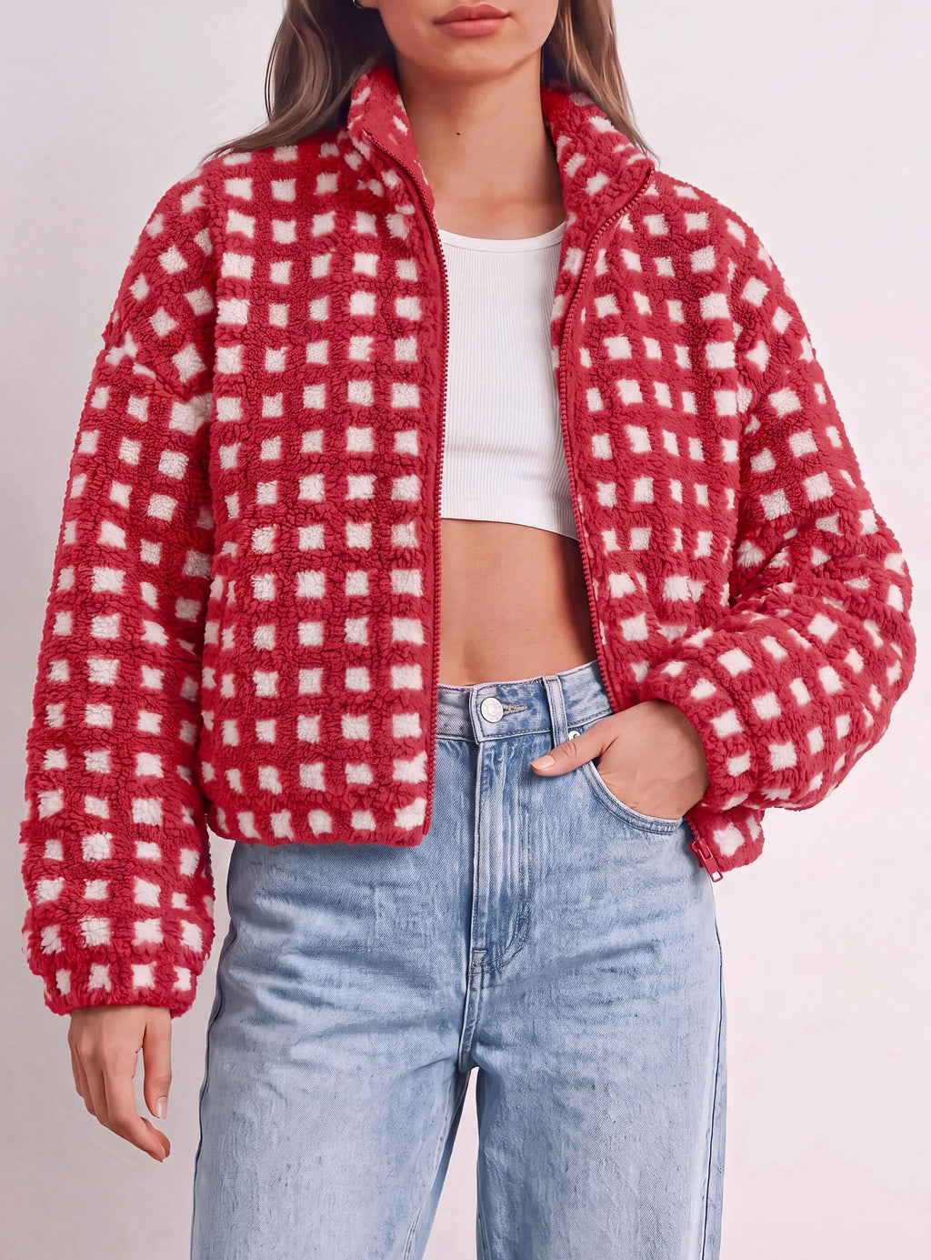 PRETTYGARDEN Women's Gingham Sherpa Fleece Jacket Plaid Cropped Teddy Coat Trendy Y2K Winter Jacket, Zip Up Stand Collar, Side Pockets, Fall Outfit for Casual Daily, Going Out, Streetwear, Outdoor
