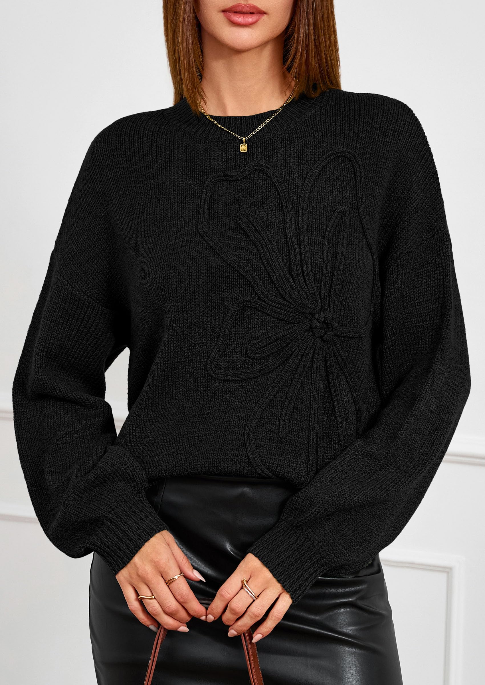 PRETTYGARDEN Womens Sweaters  Fall Fashion Long Sleeve Crewneck Floral Knit Pullover Sweater Tops Winter Clothes
