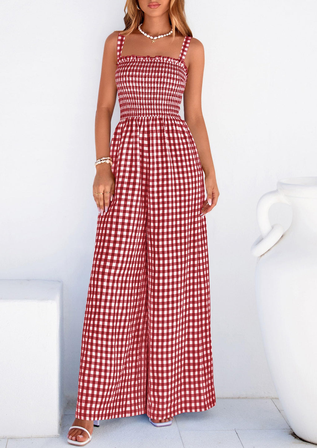 PRETTYGARDEN One Piece Jumpsuits for Women Casual Summer Cruise Outfits  Spring Fashion Smocked Wide Leg Gingham Rompers