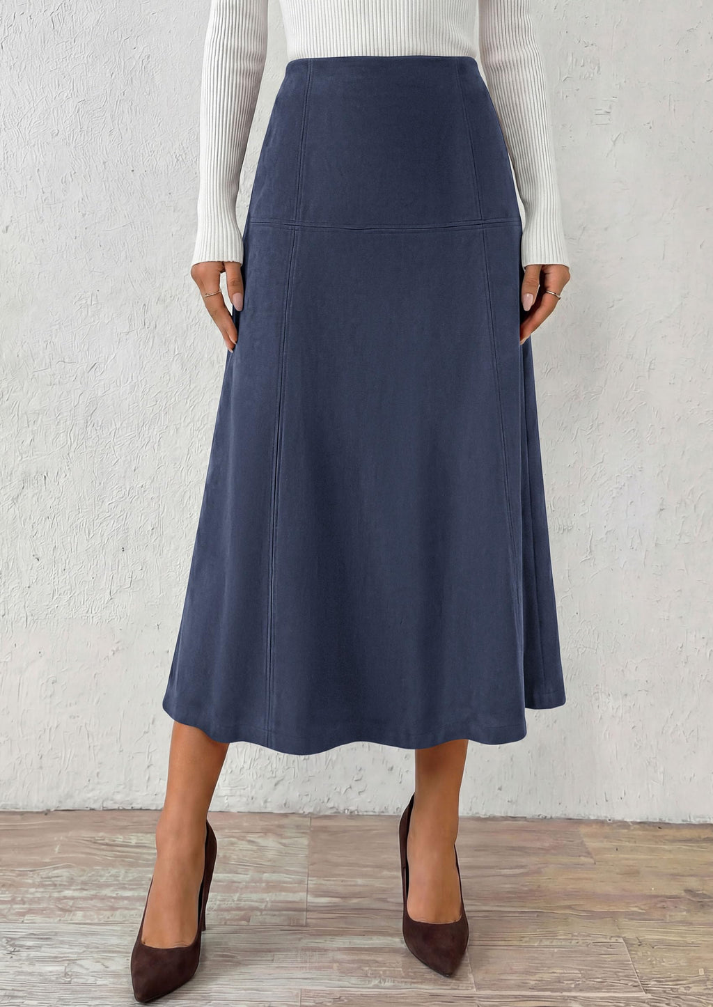 PRETTYGARDEN Womens High Waist Faux Suede A Line Midi Skirt | Hidden Stretch Elastic Waist, Front Back Panel Stitching, Vintage Elegant Mid-Calf Long Skirts for Fall Winter Office Daily