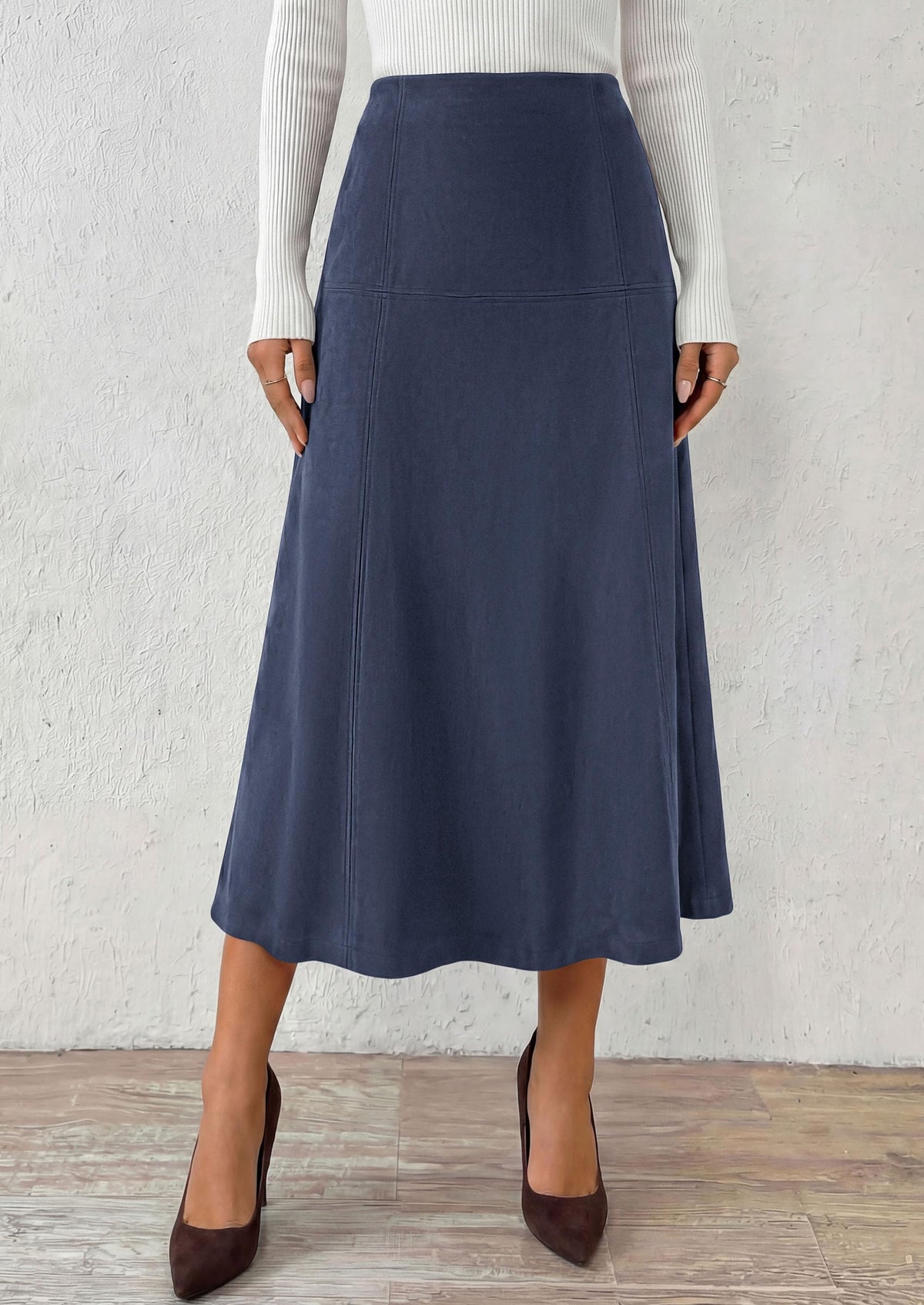 PRETTYGARDEN Womens High Waist Faux Suede A Line Midi Skirt | Hidden Stretch Elastic Waist, Front Back Panel Stitching, Vintage Elegant Mid-Calf Long Skirts for Fall Winter Office Daily