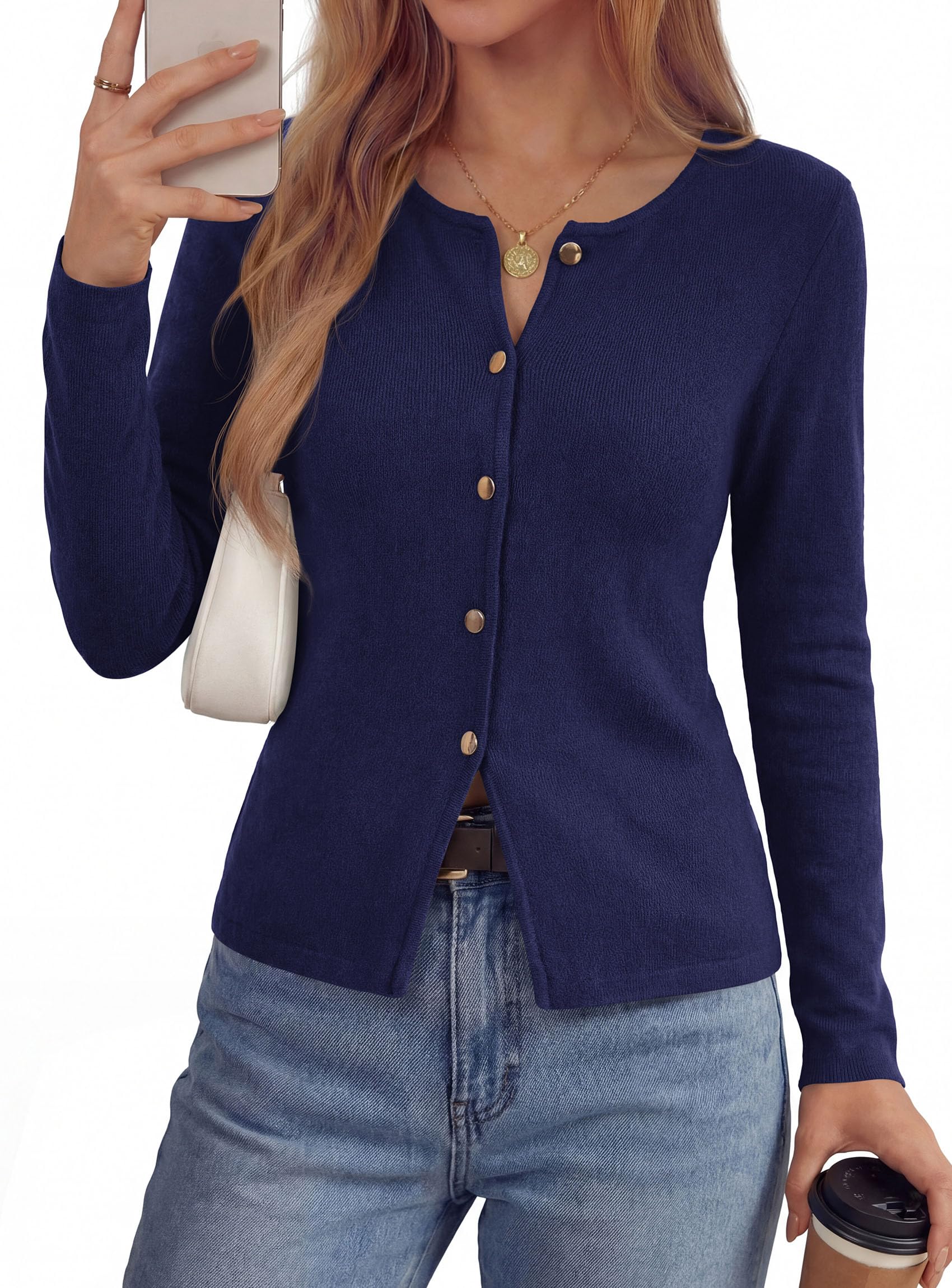 PRETTYGARDEN Button Up Cardigan Sweaters for Women | Slim Fitted Knitwear,Long Sleeve Lightweight Knit Cardigans,Business Casual Outfits Work Tops,Layering Piece for Fall&Winter