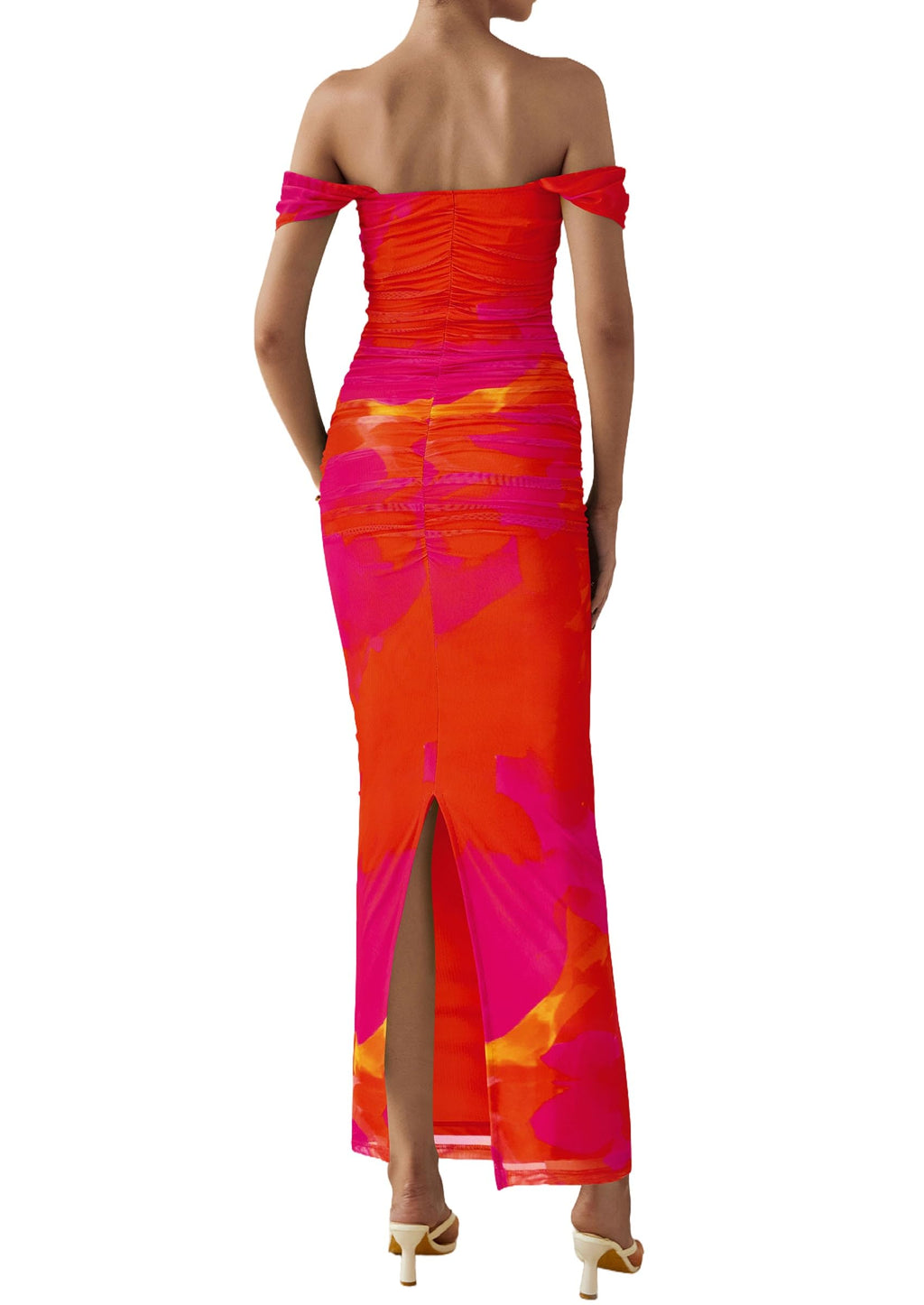 PRETTYGARDEN Cocktail Dresses for Women Summer Floral Off Shoulder Ruched Mesh Elegant Wedding Guest Maxi Dress