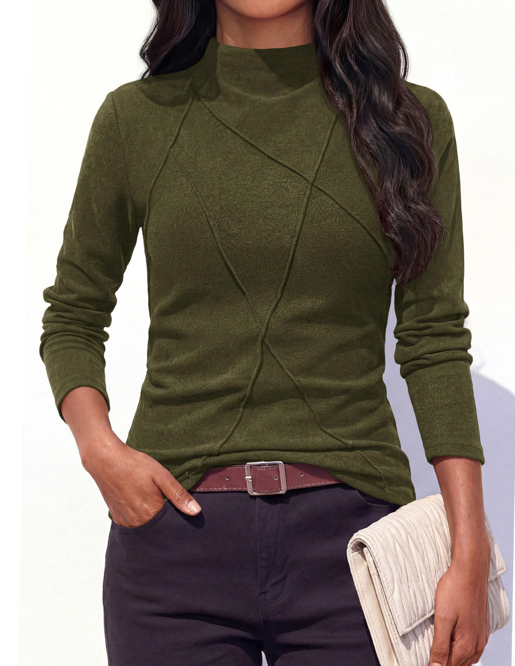 PRETTYGARDEN Women's Fall Mock Neck Long Sleeve Shirts | Soft Stretchy Knit,Geometric Seam Stitching,Slim Fitted Basic Tees,Thermal Casual Wear,Daily Work Layering Winter Tunic Top
