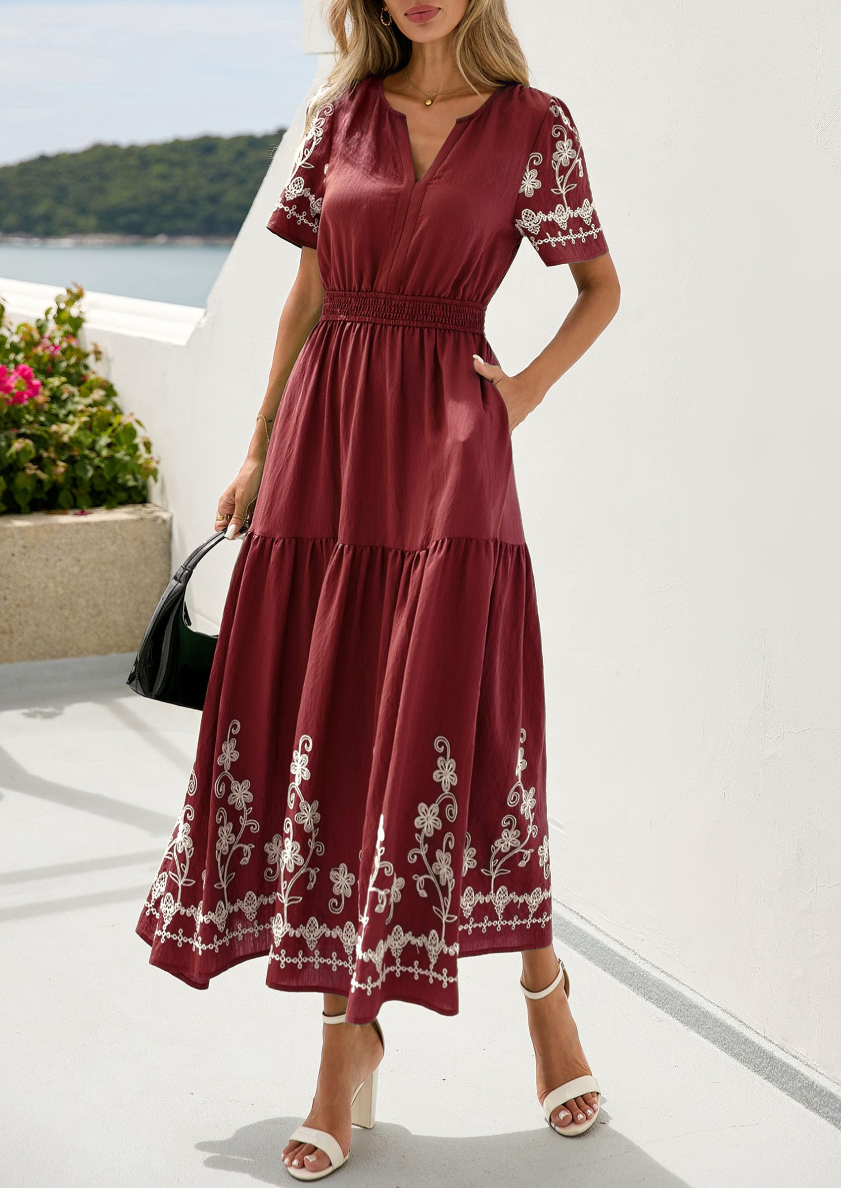 PRETTYGARDEN Women's Summer Boho Maxi Dress Spring Floral Short Sleeve V Neck A Line Flowy Beach Wedding Guest Dresses