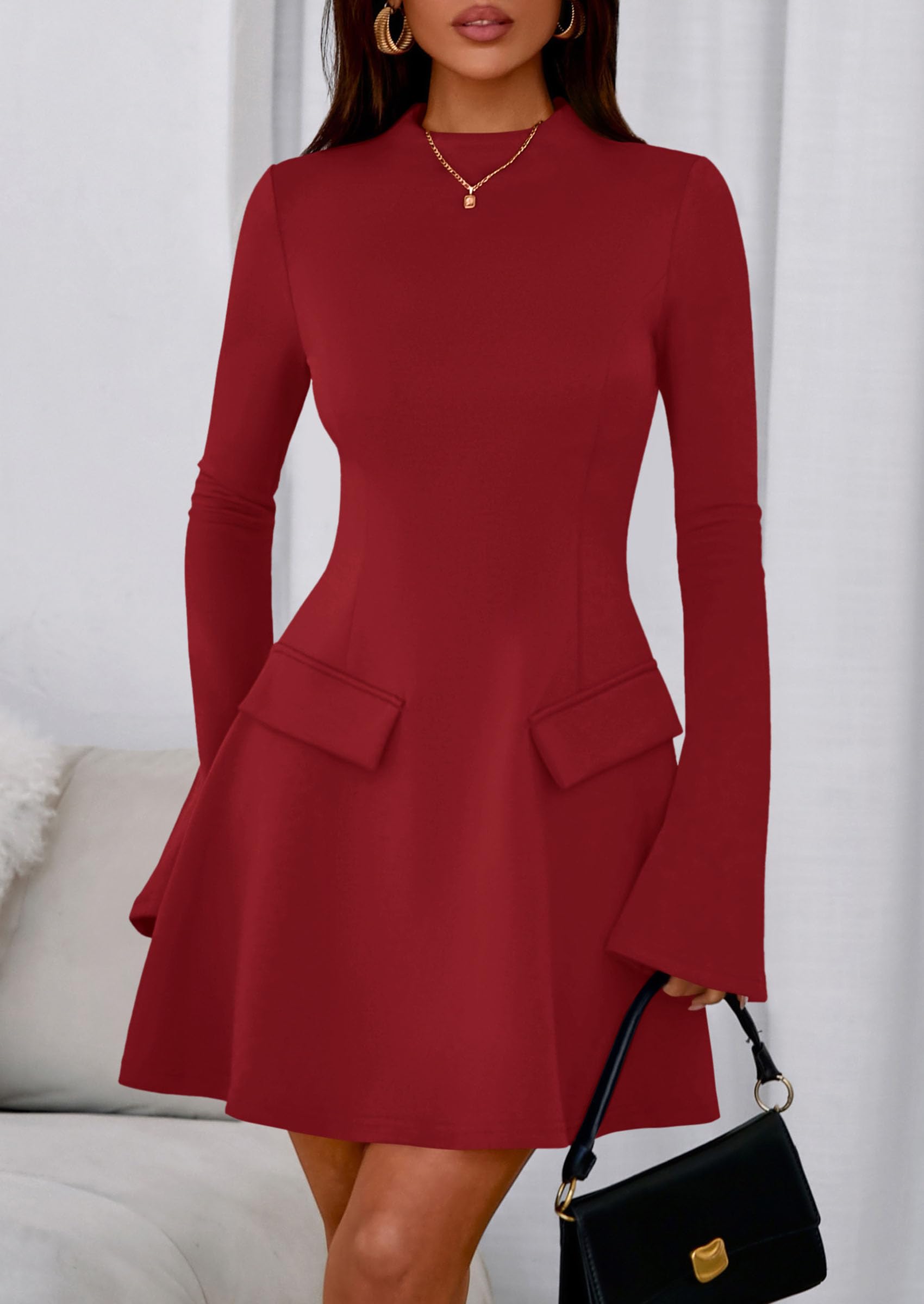 PRETTYGARDEN Women's Elegant Holiday Short Dress  Fall Bell Long Sleeve Mock Neck Work Business Casual Party Mini Dress