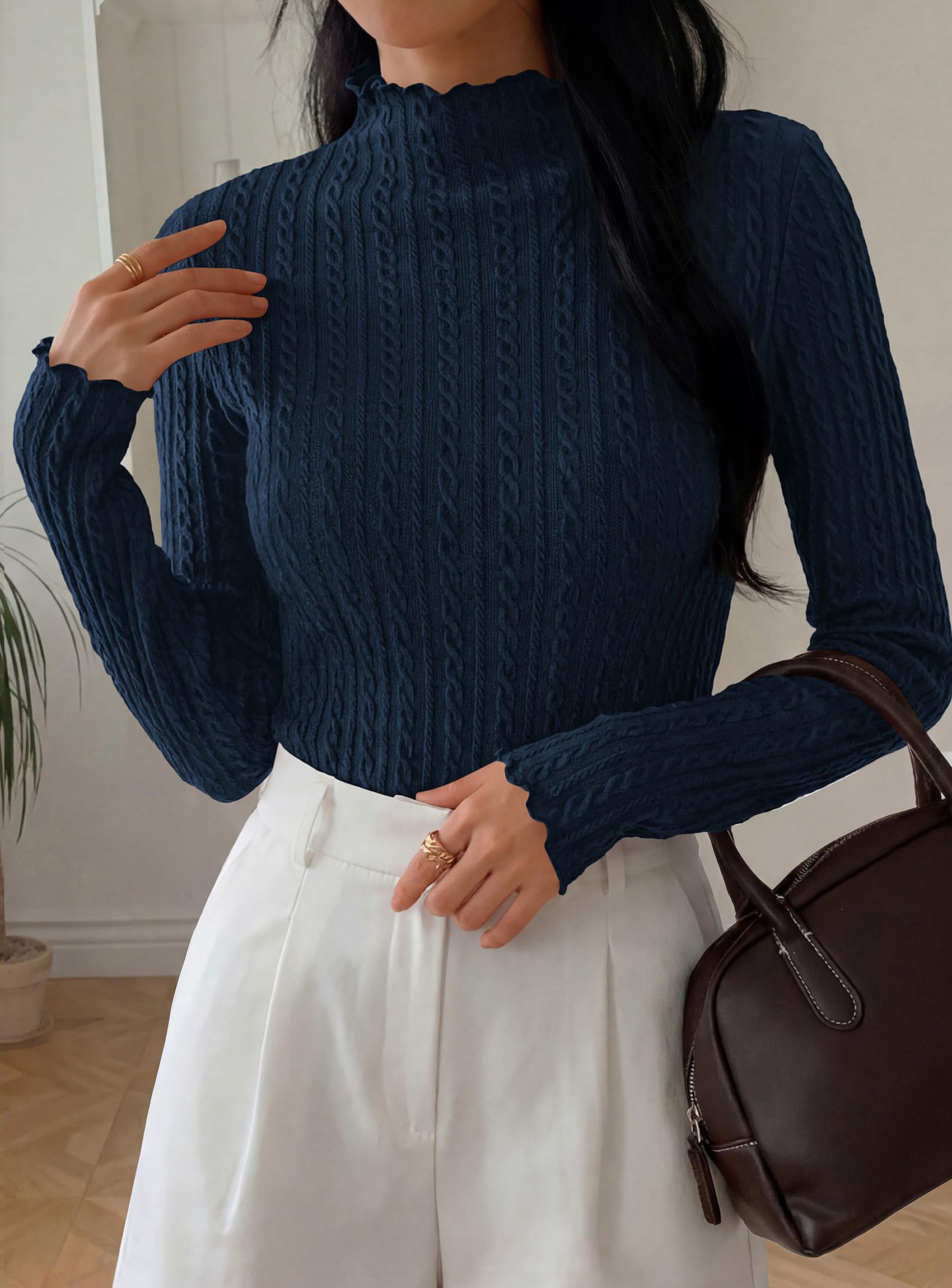 PRETTYGARDEN Women's Fall Long Sleeve Fitted Shirts | Comfy Stretchy Cable Knit, Trendy Lettuce Trim Mock Neck, Casual Basic Tees, Cute Layering Tops, 2026 Fashion Clothing