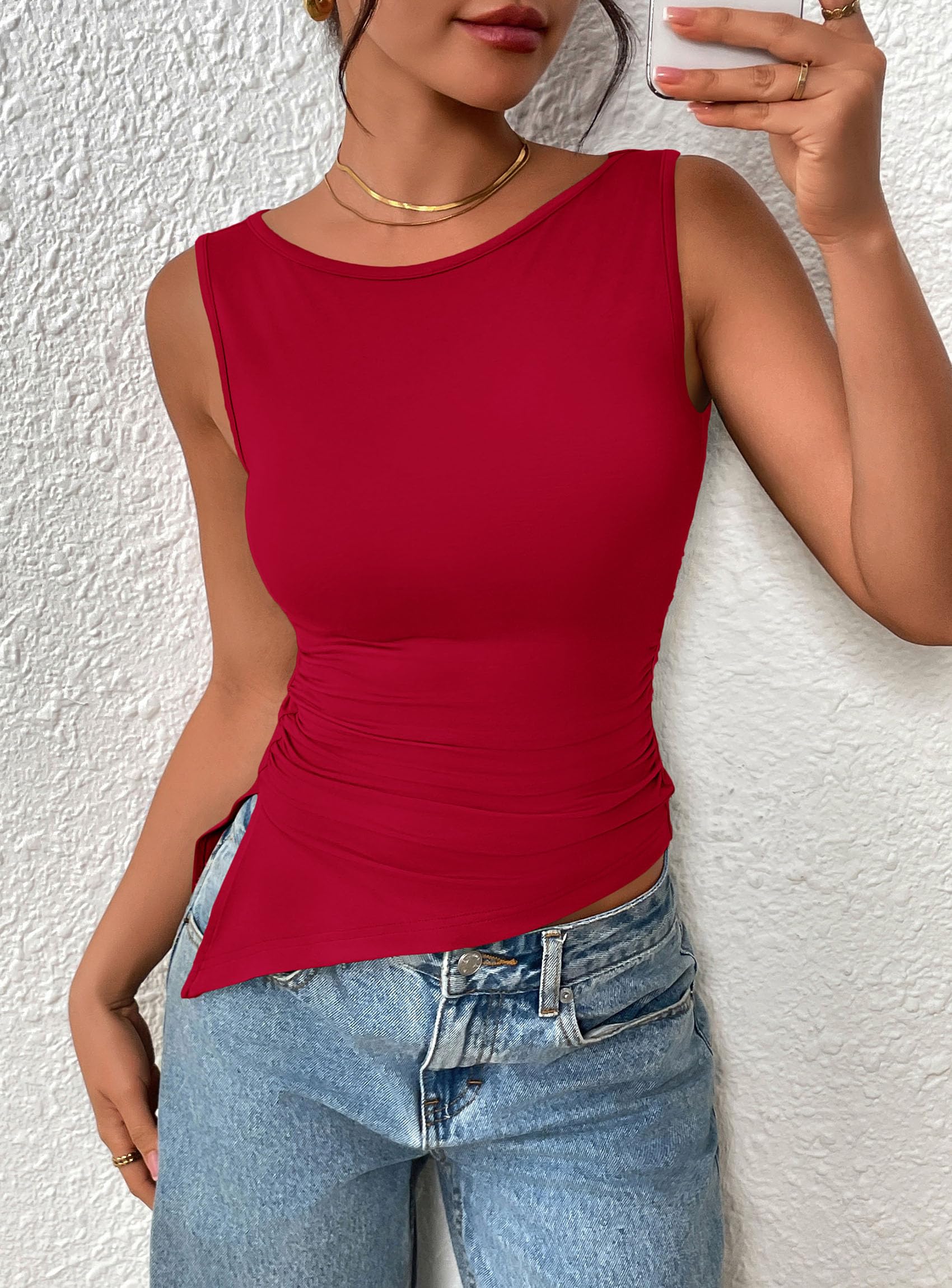 PRETTYGARDEN Womens Ruched Tank Tops  Summer Sleeveless Slim Fit T Shirts Blouses Going Out Y2K Fashion Clothes