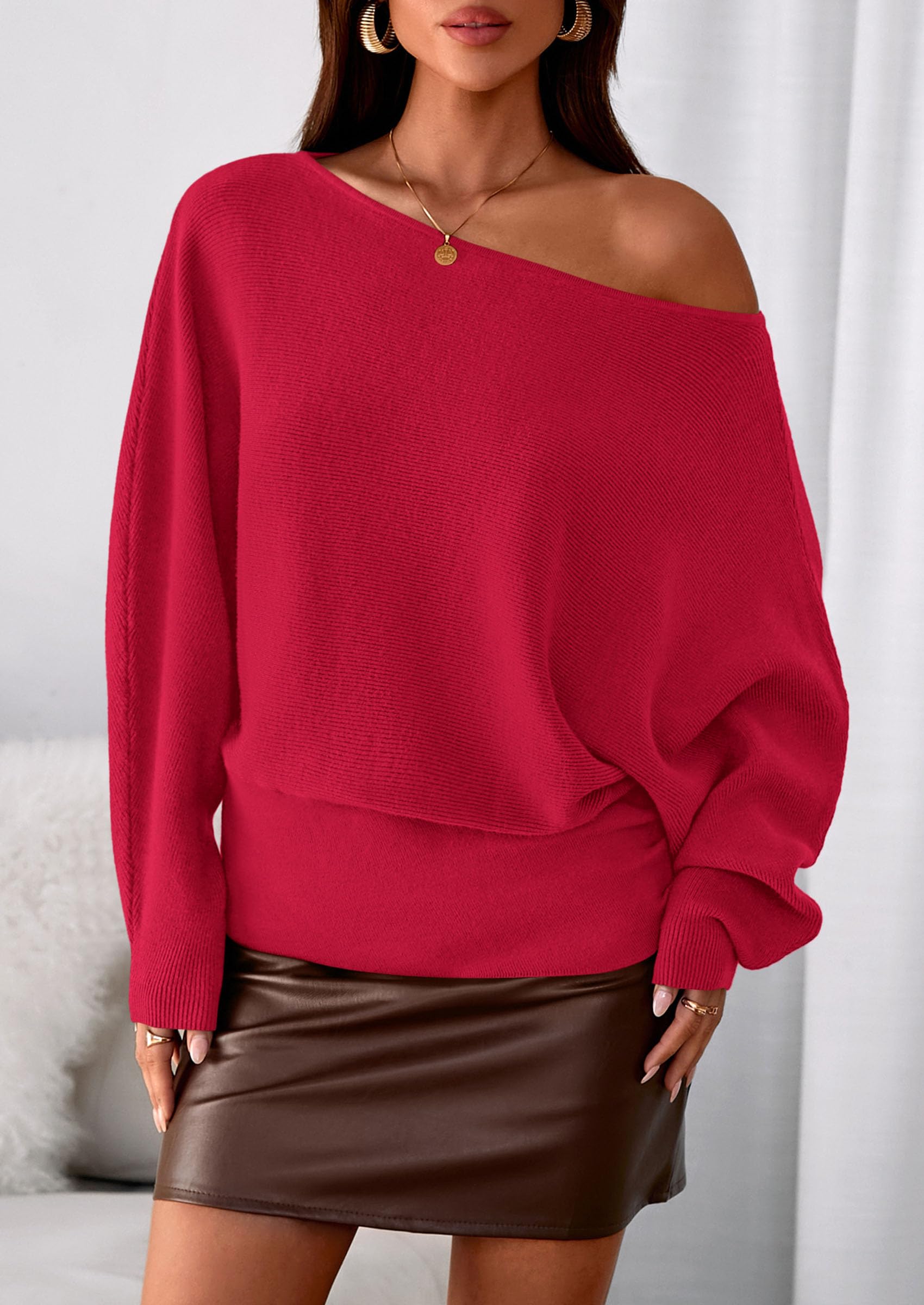 PRETTYGARDEN Women Off the Shoulder Sweater  Fall Trendy Long Batwing Sleeve Knit Pullover Going Out Tops Winter Clothing