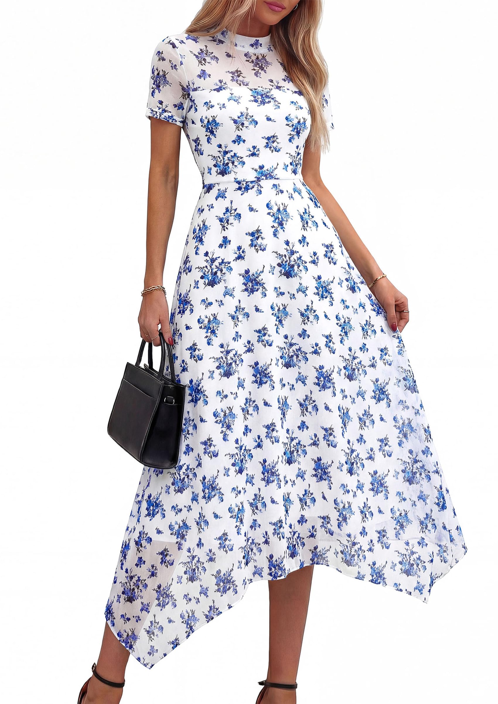 PRETTYGARDEN Cocktail Dresses for Women  Summer Short Sleeve Floral Mesh Sheer Midi Party Wedding Guest Dress