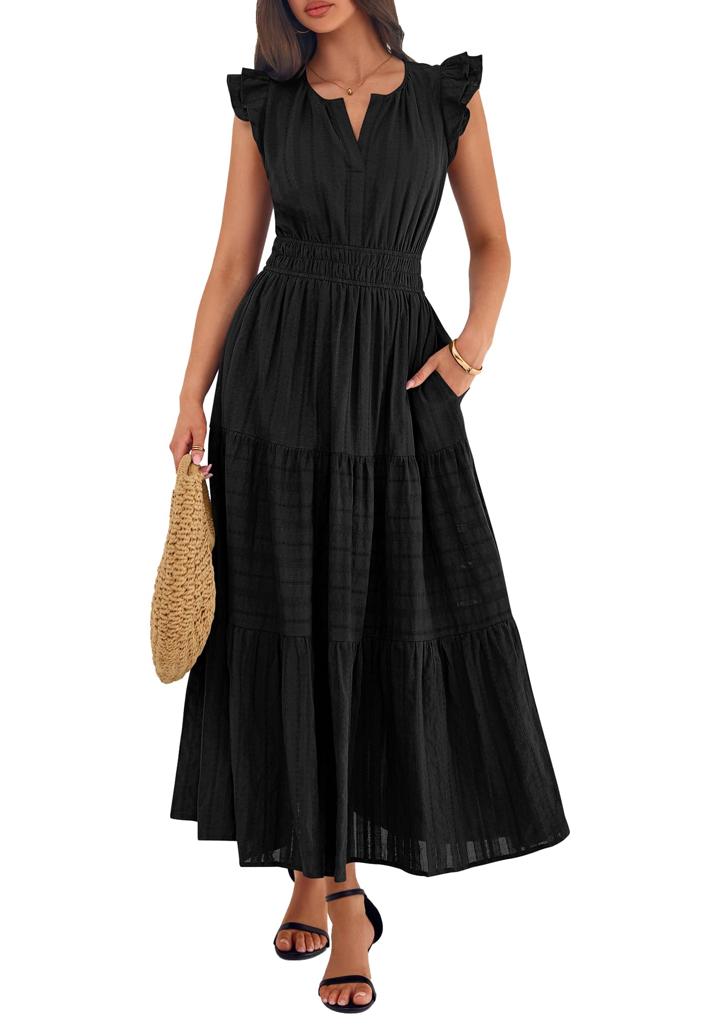 BTFBM Womens Summer Maxi Dress  Spring Boho Vacation Ruffle Flutter Short Sleeve A Line Tiered Flowy Dresses Pockets