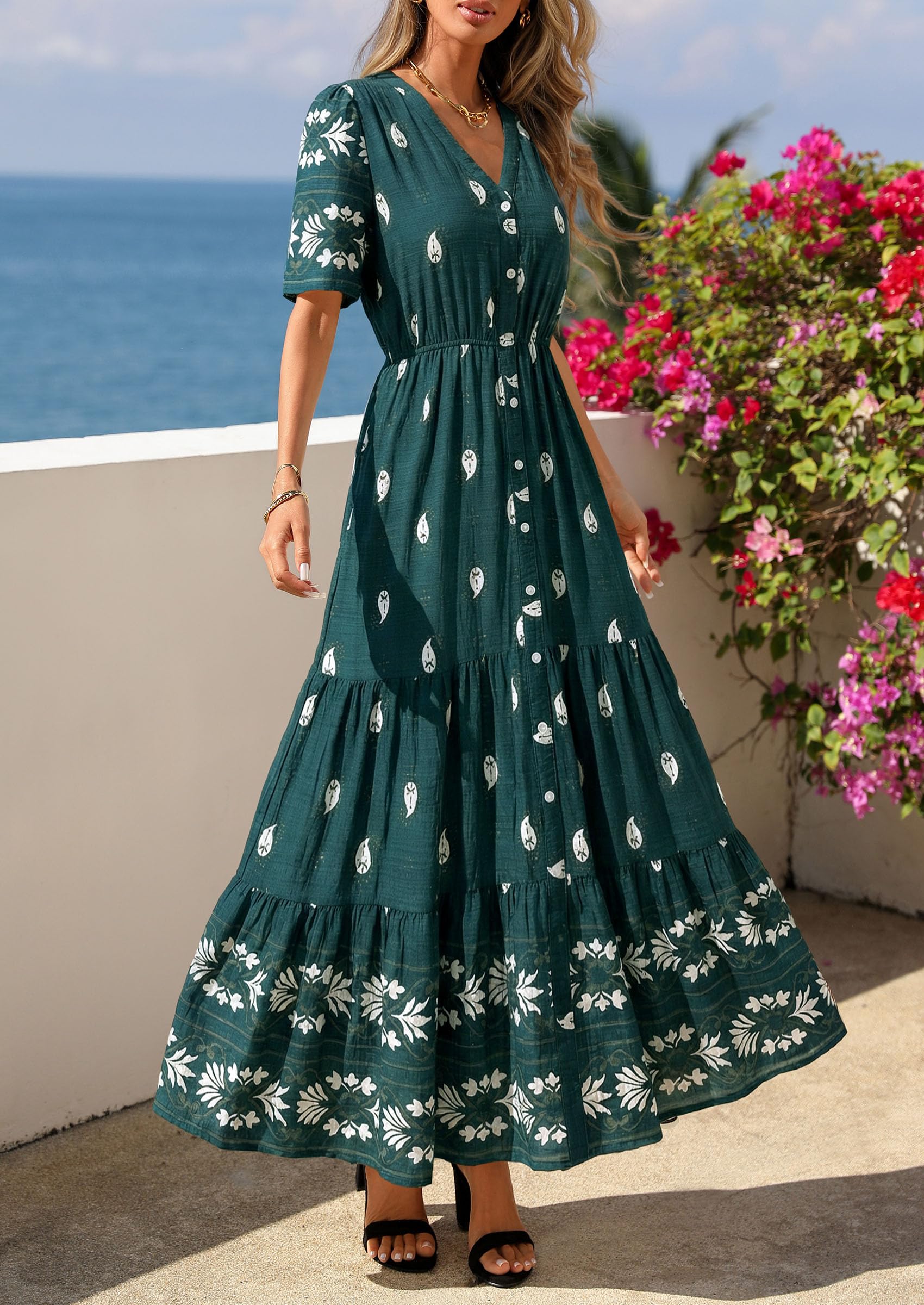 PRETTYGARDEN Womens Summer Boho Maxi Dress Trendy Short Sleeve V Neck Flowy Beach Floral Dresses with Pockets
