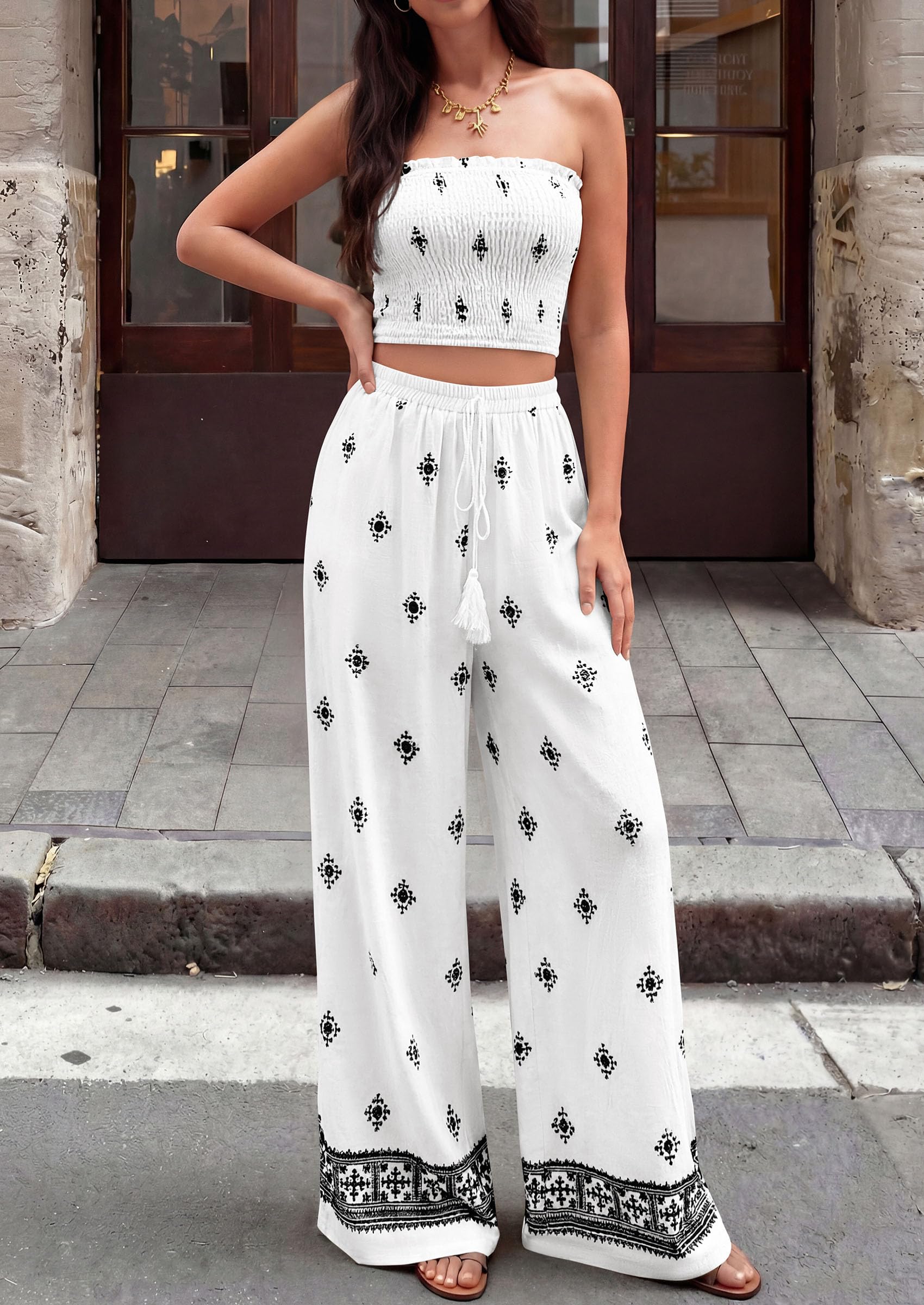 PRETTYGARDEN 2 Piece Sets for Women Summer  Travel Outfits Print Tube Tops Wide Leg Pants Beach Vacation Clothes