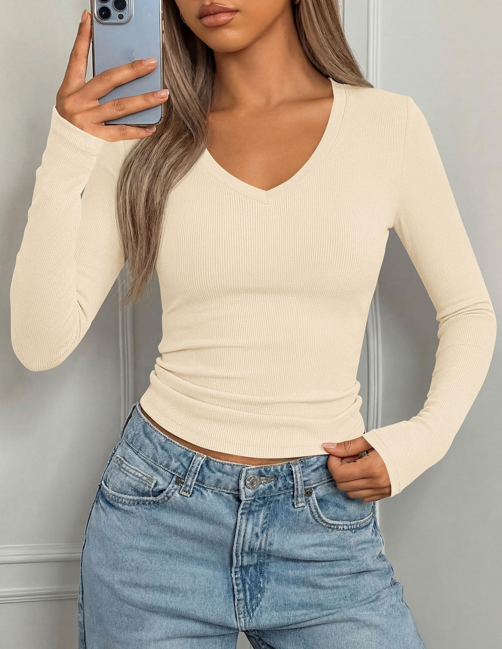 PRETTYGARDEN Long Sleeve Shirts for Women Fall V Neck Basic Tee Casual Fitted Ribbed Going Out Tops Kint Y2K Clothes