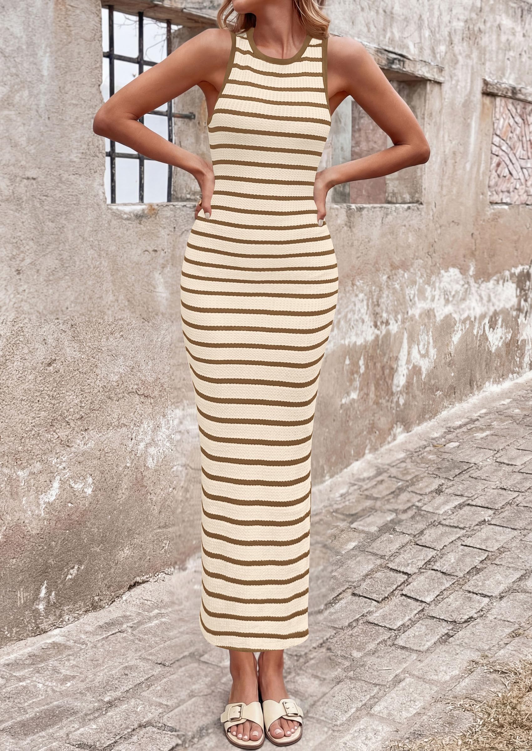 PRETTYGARDEN Sundresses for Women  Summer Striped Knit Side Slit Spring Fashion Bodycon Maxi Dress Beach Vacation Clothes