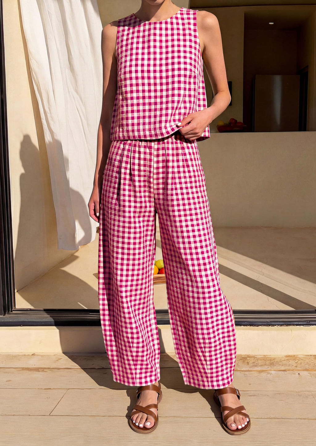 PRETTYGARDEN Womens 2 Piece Sets Summer Plaid Sleeveless Tops Wide Leg Pants Matching Lounge Set Beach Vacation Outfits