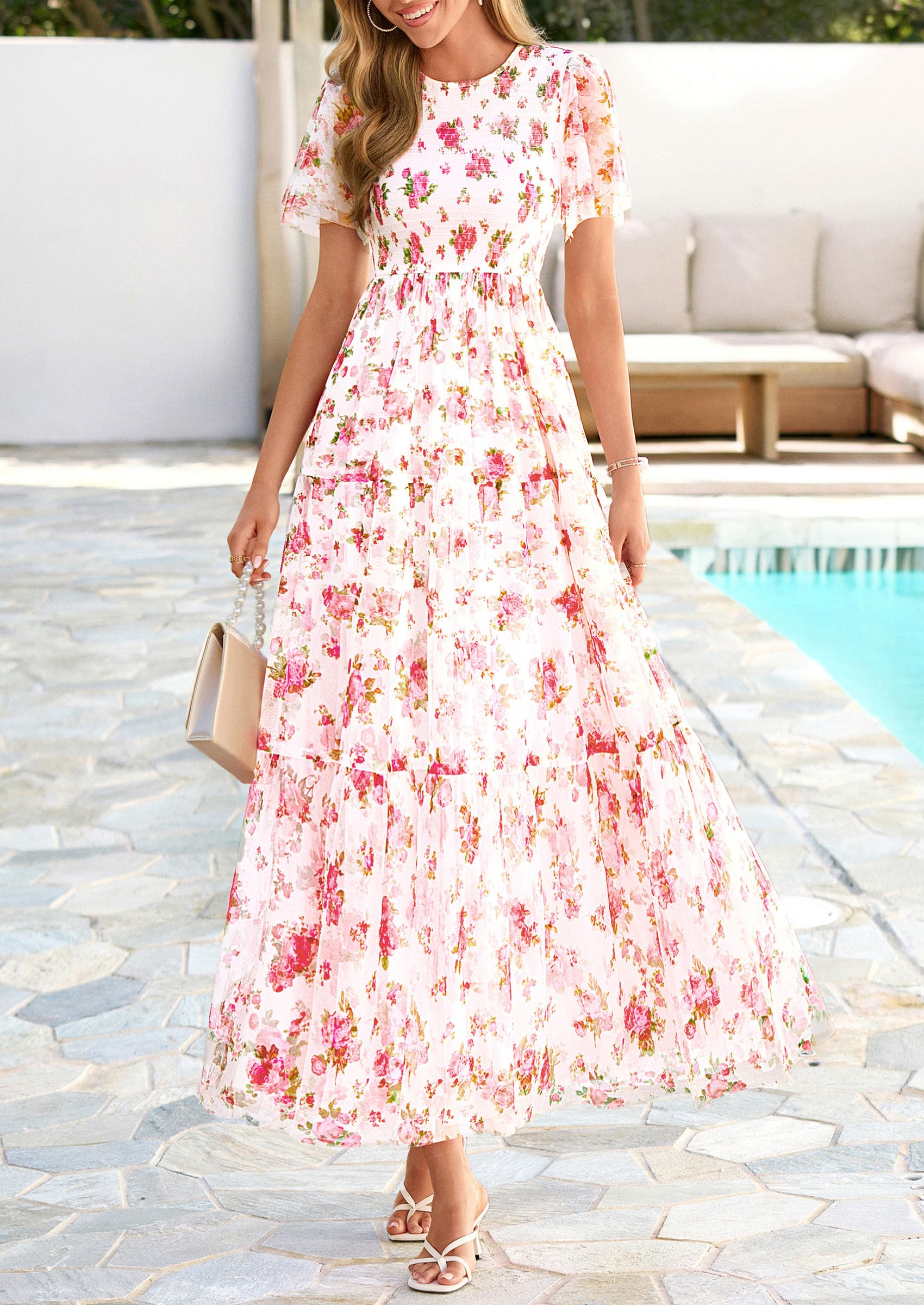 PRETTYGARDEN Tulle Floral Dress Women Summer Wedding Guest  Spring Short Sleeve Maxi Smocked Flowy Beach Party Dresses