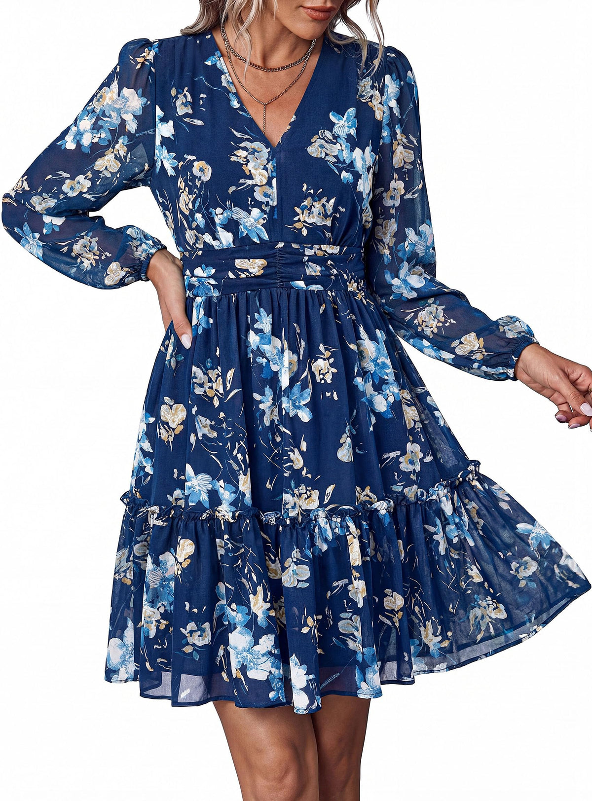 PRETTYGARDEN Women Floral Long Sleeve Mini Dress | Fall Wedding Guest Dresses, V Neck, Fit & Flare, Ruffle Hem A-Line, Short Chiffon Dress, Elegant Holiday Party, Date Outfits