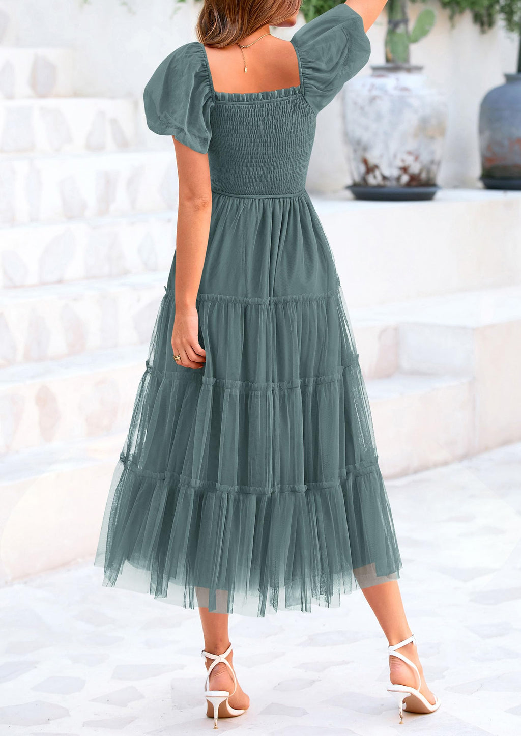 PRETTYGARDEN Women's Smocked Midi Tulle Dress  Summer Puffy Short Sleeve Square Neck Ruffle Wedding Guest Party Dresses