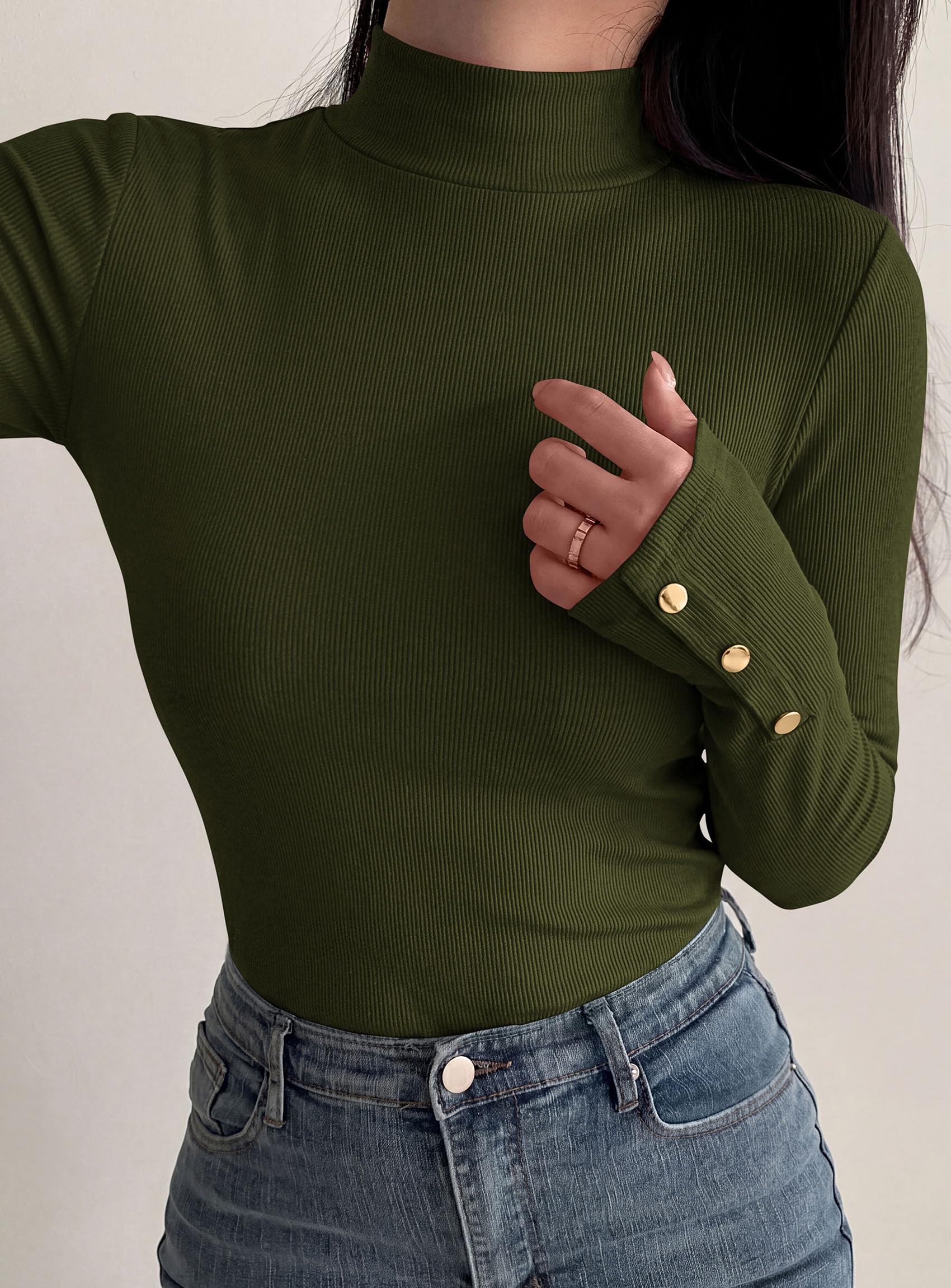 PRETTYGARDEN Women's Ribbed Mock Neck Long Sleeve Tops | Slim Fitted T-Shirts, Soft Stretch, Decorative Buttons, Going Out Work Casual Wear, Fall Outfits Layering Winter Clothes