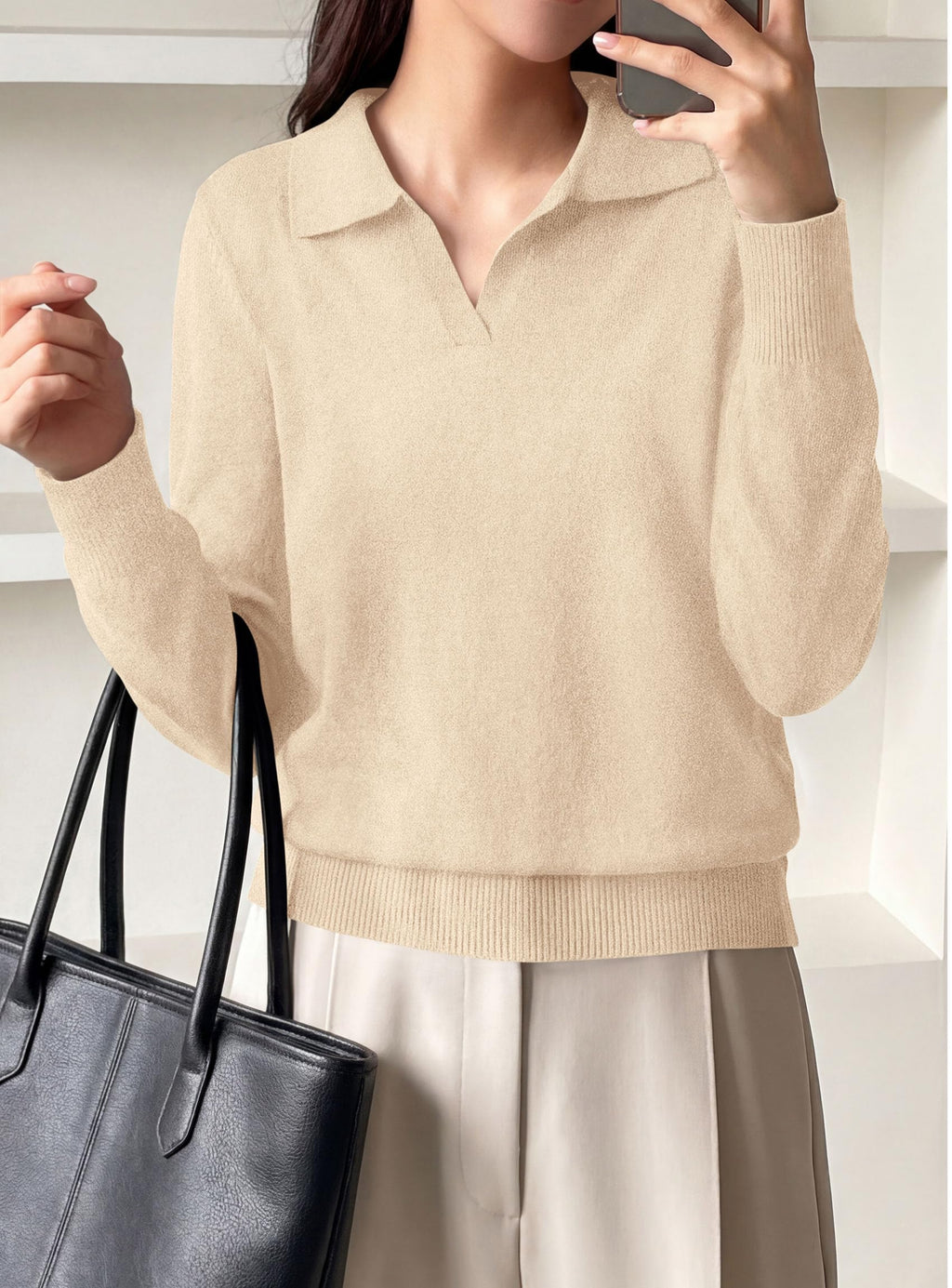 PRETTYGARDEN Womens Long Sleeve Collared Polo Sweater | Breathable Soft Ribbed Knit, Lapel V Neck Pullover Sweaters, Business Casual Work Office Tops, 2026 Trendy Fall Outfits
