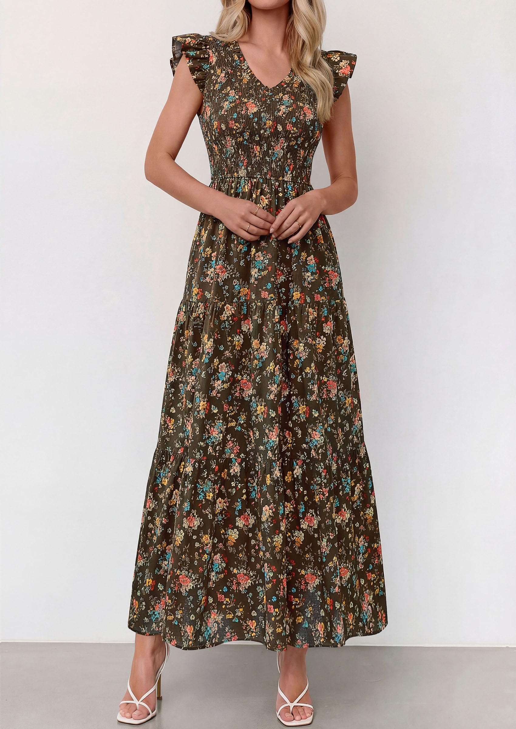 PRETTYGARDEN Women's Boho Floral Maxi Dress Summer Smocked V Neck Ruffle Sleeve Spring Flowy Beach Vacation Sundresses