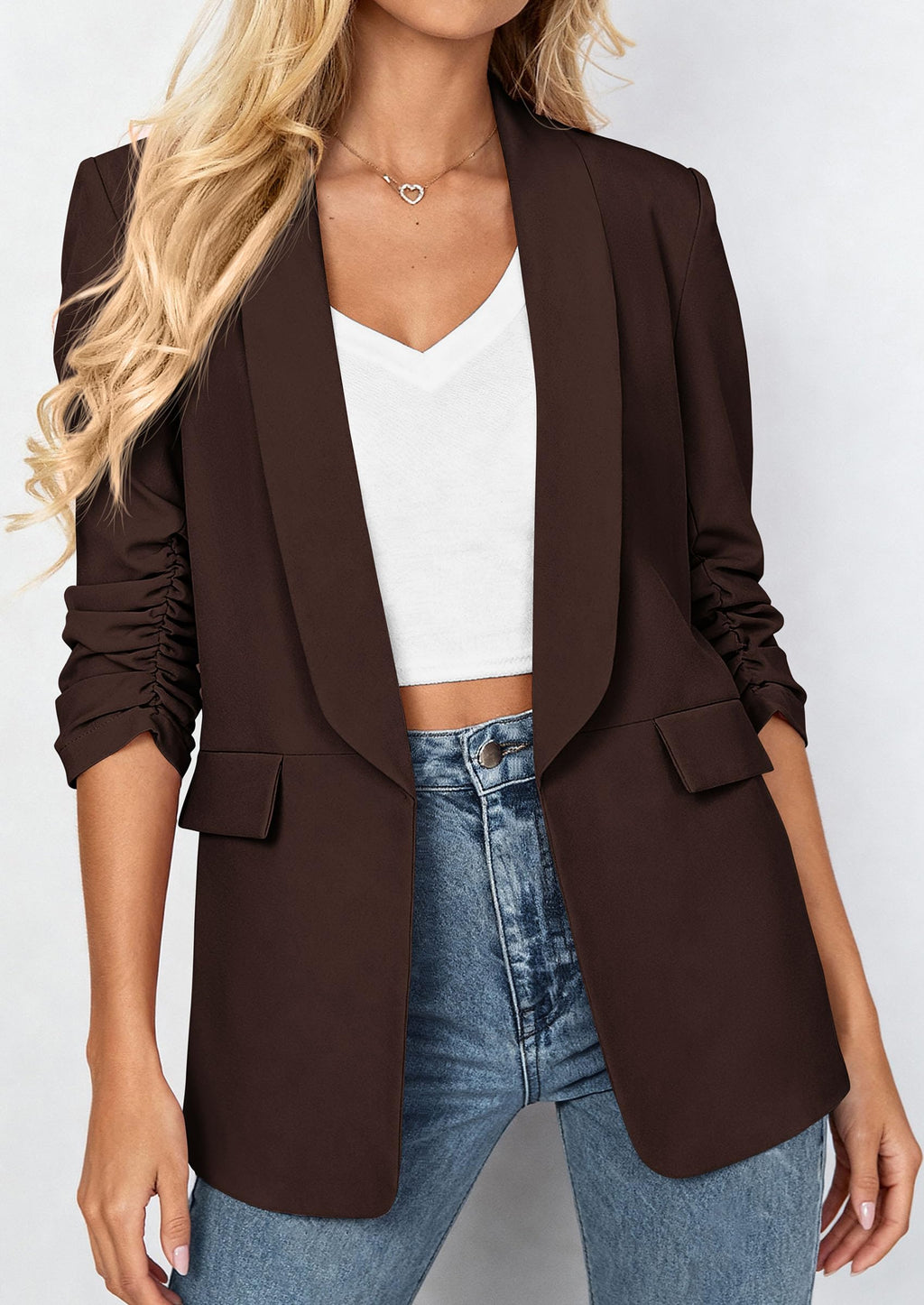 PRETTYGARDEN Women's Summer Blazers Business Casual Outfits | Ruched 3/4 Sleeve,Shawl Lapel,Collared Open Front,Padded Shoulder,Lightweight Jackets,Office Work Suits,Spring Fall Clothes