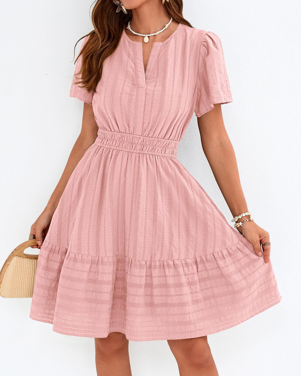 BTFBM Womens Spring  Casual Mini Dresses Lightweight Short Sleeve V Neck Elastic Waist Cute Boho Beach Dress Pockets
