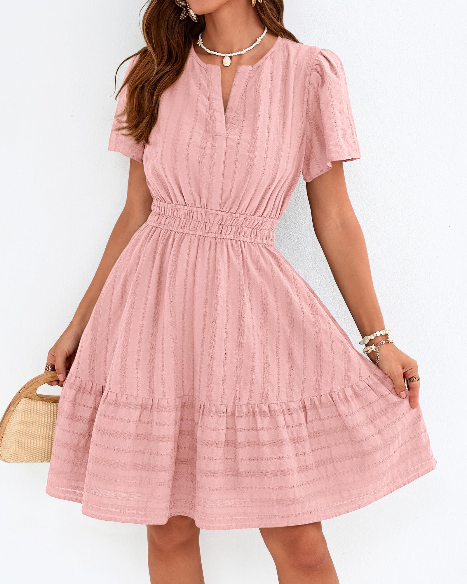 BTFBM Womens Spring  Casual Mini Dresses Lightweight Short Sleeve V Neck Elastic Waist Cute Boho Beach Dress Pockets