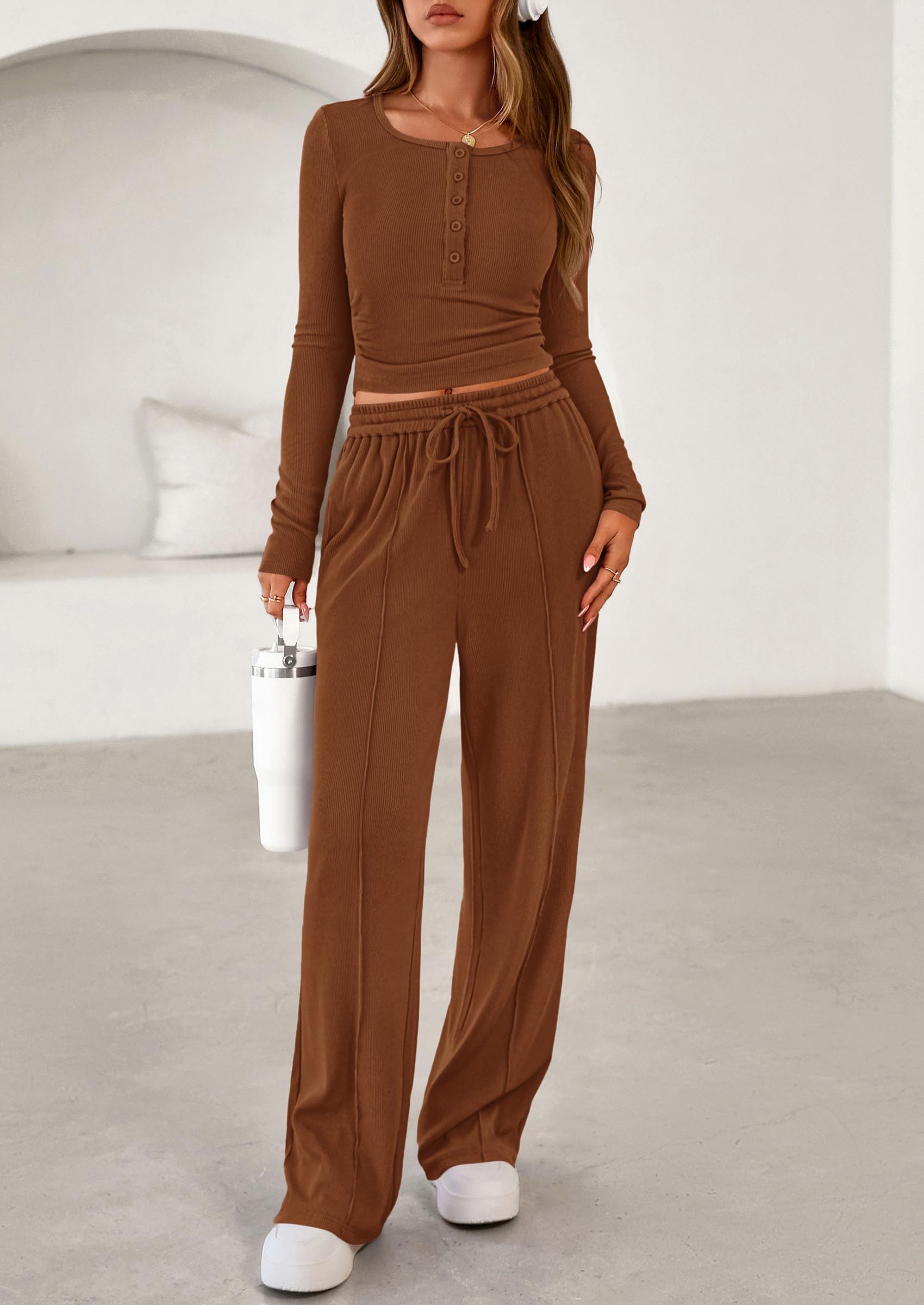 PRETTYGARDEN Women's  Fall Trendy 2 Piece Outfits Lounge Sets Long Sleeve Top Henley Shirts Wide Leg Pants Travel Clothes