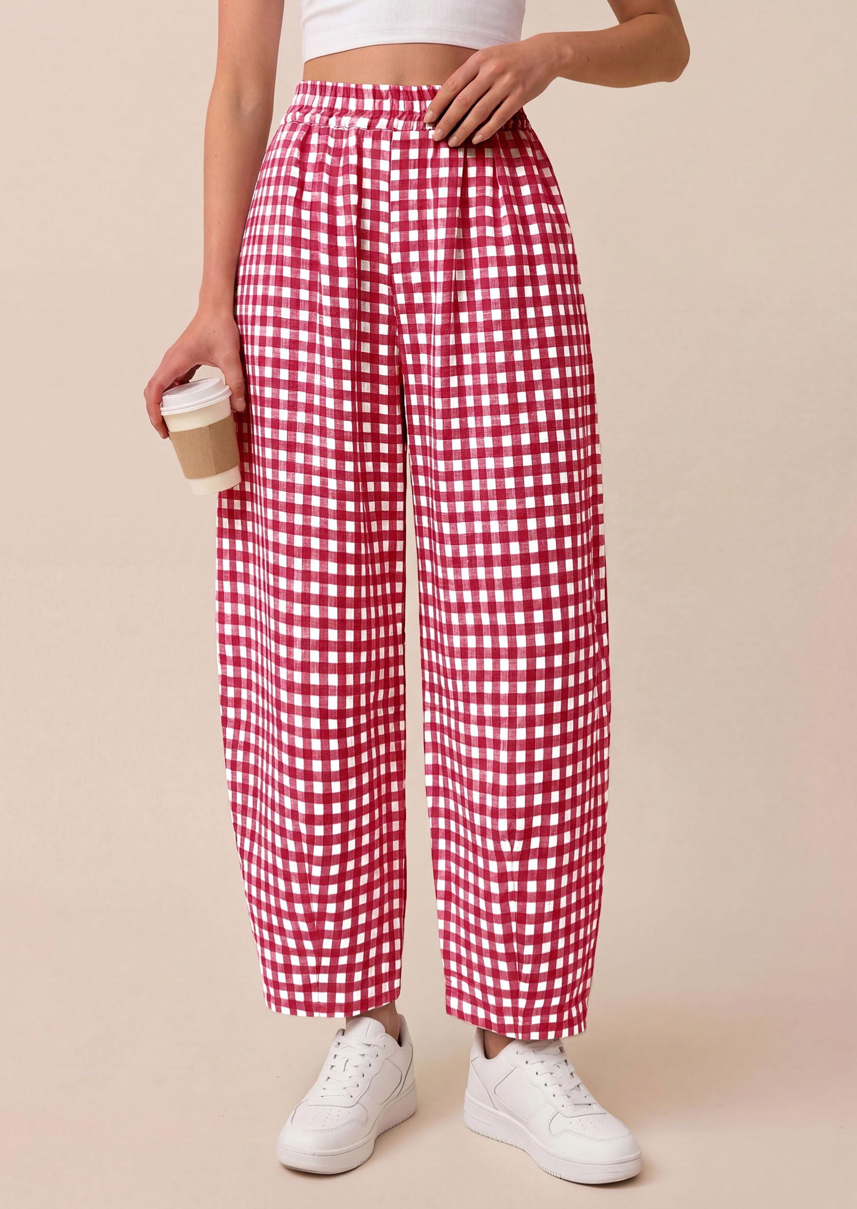 PRETTYGARDEN Plaid Barrel Pants Women Summer Casual Loose Wide Leg Lounge Gingham Trousers Spring Fashion Beach Bottoms