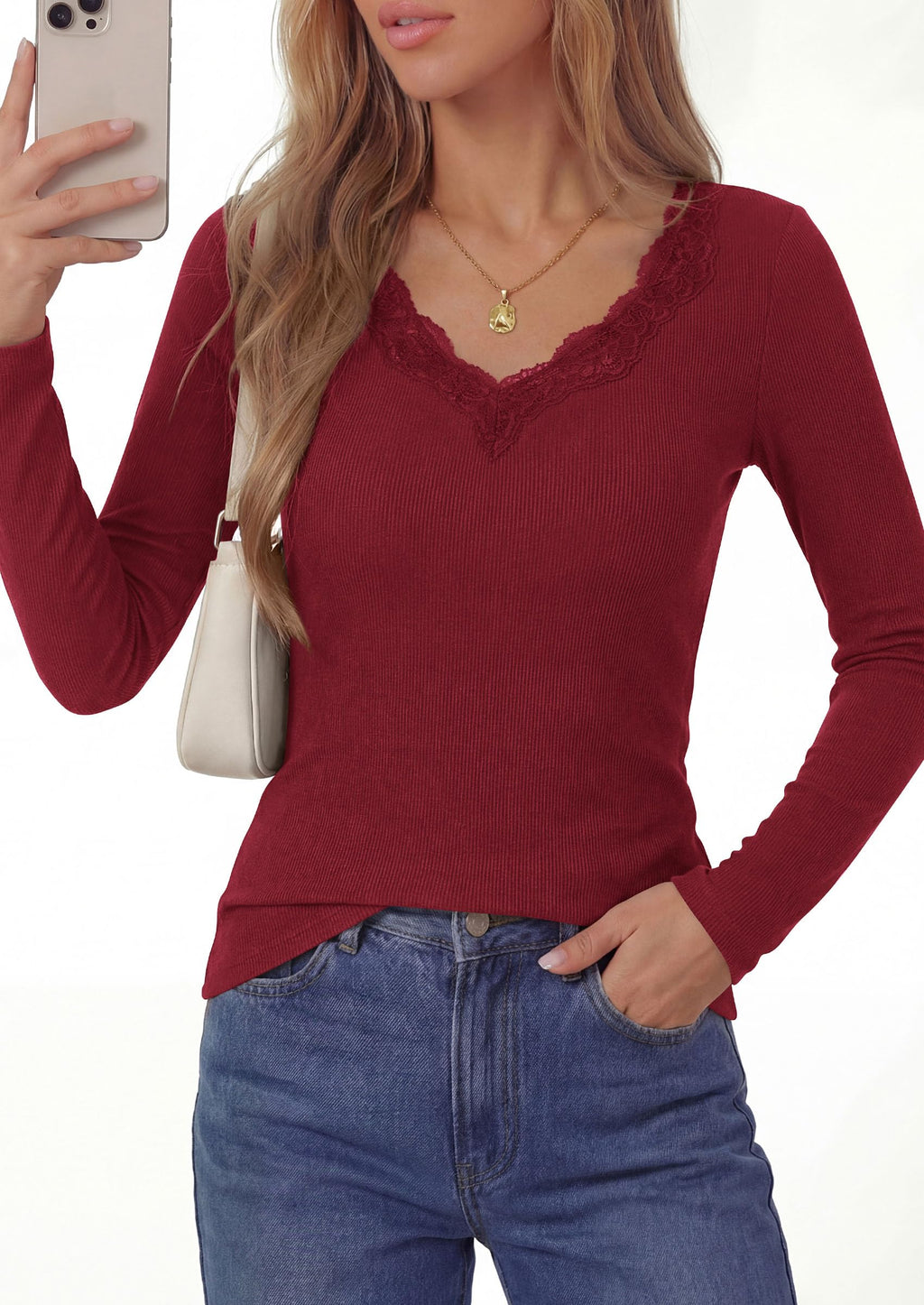 PRETTYGARDEN Women's Lace V Neck Long Sleeve Fitted T Shirts | Going Out Tops, Basic Tees, Soft Stretchy Ribbed Knit Underscrub, Casual Blouses, Y2K Fall Outfits, Layering Winter Clothing