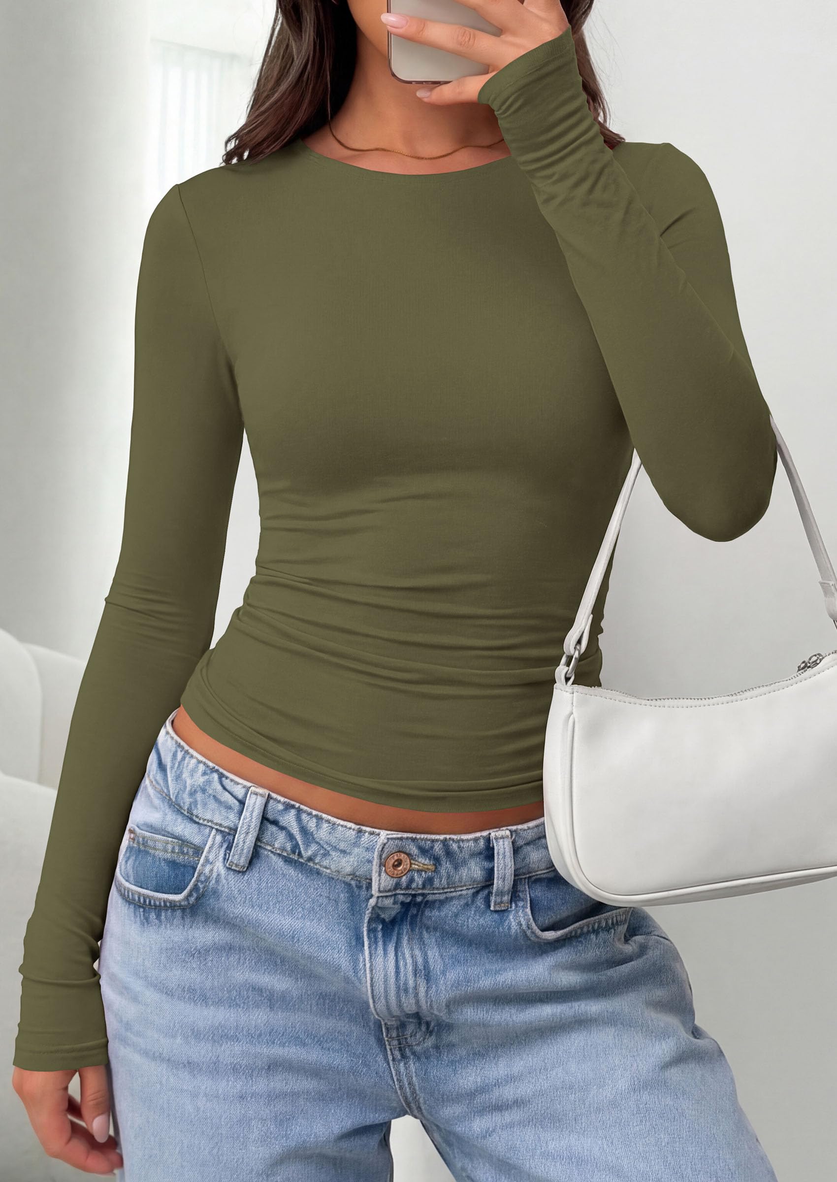 PRETTYGARDEN Long Sleeve Shirts for Women  Fall Casual Crewneck Tight Slim Fit Layering Basic T Shirt Going Out Tops