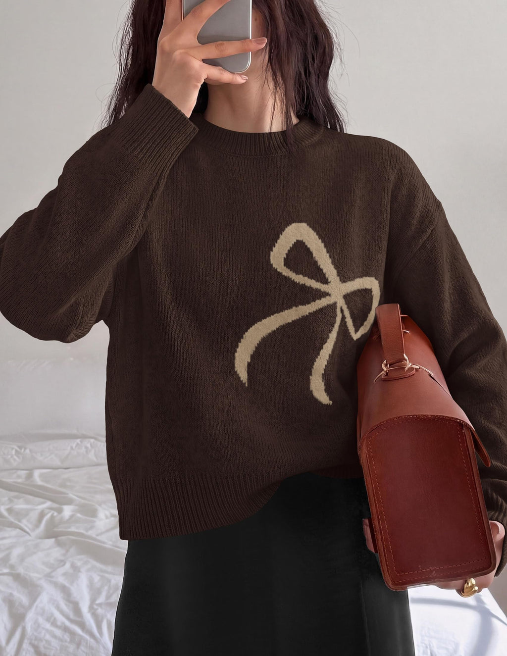 PRETTYGARDEN Womens Bow Sweater Cute Crewneck Long Sleeve Tops Fall Soft Cozy Knit Pullover,Relaxed Fit,Holiday Sweaters,Daily Wear,Work Office,Casual Going Out Y2k Tops,Winter Fashion Clothing