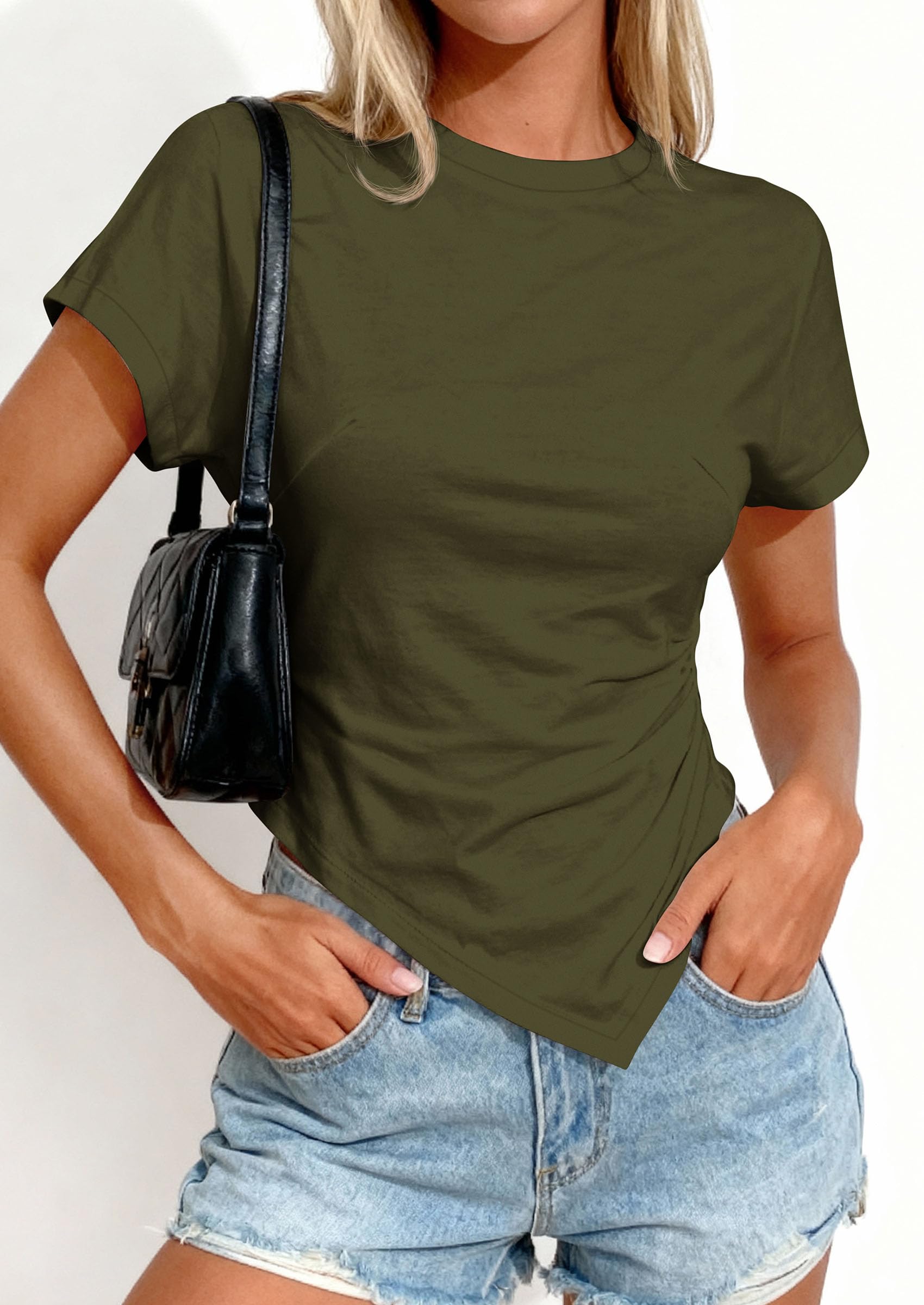 PRETTYGARDEN Womens Short Sleeve Crew Neck Trendy Shirts Spring Summer Y2K Going Out Tops Asymmetrical Ruched Blouse