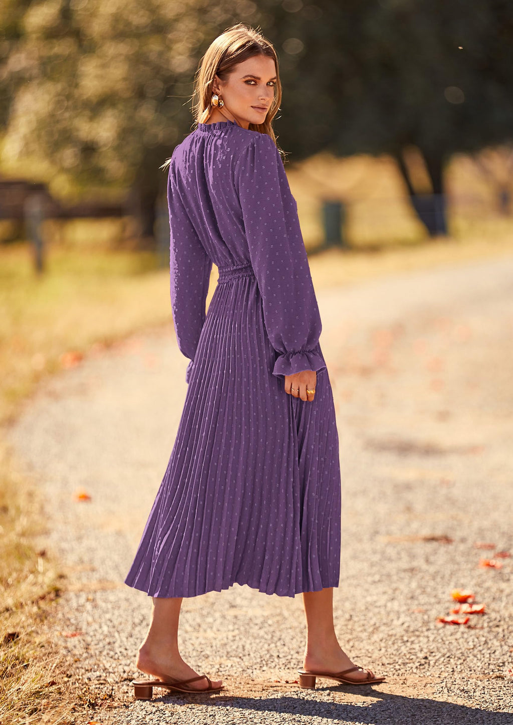 PRETTYGARDEN Women's Spring Fall Midi Dress Casual Long Sleeve V Neck Swiss Dot Pleated A Line Flowy Dresses