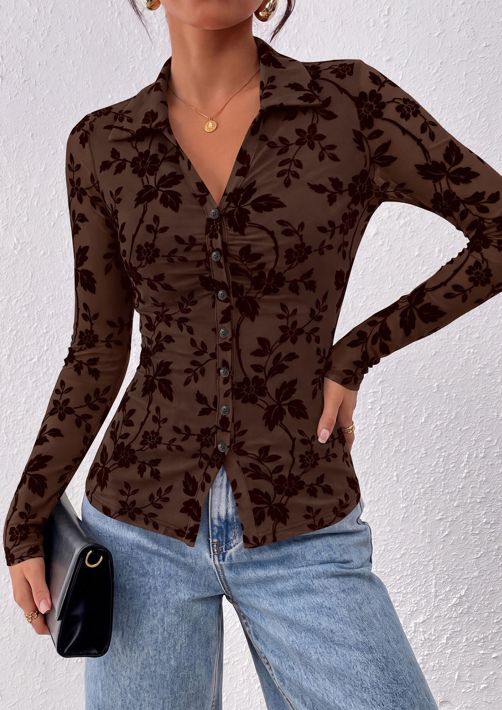 PRETTYGARDEN Women's Long Sleeve Floral Mesh Boho Tops Button Down Shirts Fall Blouses Dressy, Ruched Slim Fit, Collared V Neck, Trendy Going Out Date Night Outfit, Elegant Casual Work Office Clothes