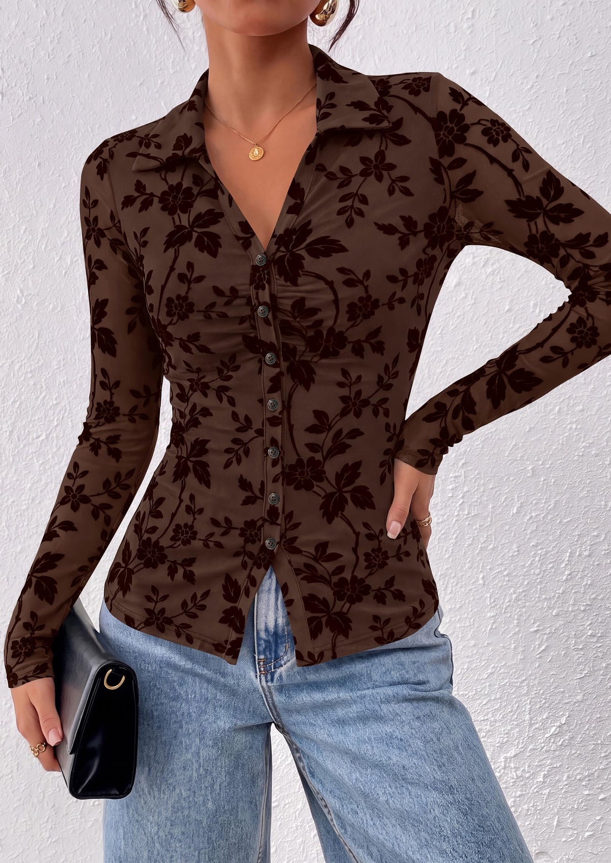 PRETTYGARDEN Women's Long Sleeve Floral Mesh Boho Tops Button Down Shirts Fall Blouses Dressy, Ruched Slim Fit, Collared V Neck, Trendy Going Out Date Night Outfit, Elegant Casual Work Office Clothes