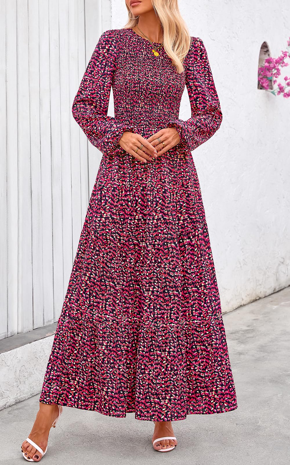 PRETTYGARDEN Women's Fall Dresses Long Sleeve Flowy Casual Floral Maxi Dress Crew Neck Smocked Tiered Long Dress