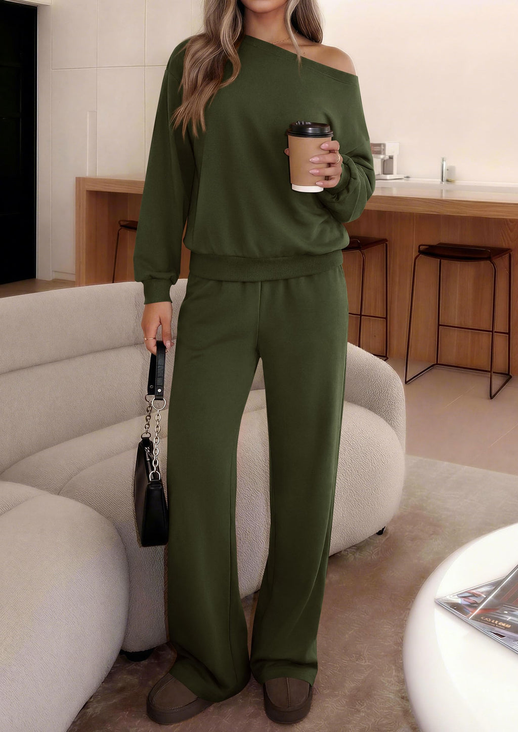 PRETTYGARDEN Womens 2 Piece Casual Matching Lounge Sets Fashion Off the Shoulder Sweatshirt, Wide Leg Pants with Pockets, Comfy Airport Travel Outfit,Trendy Fall Set