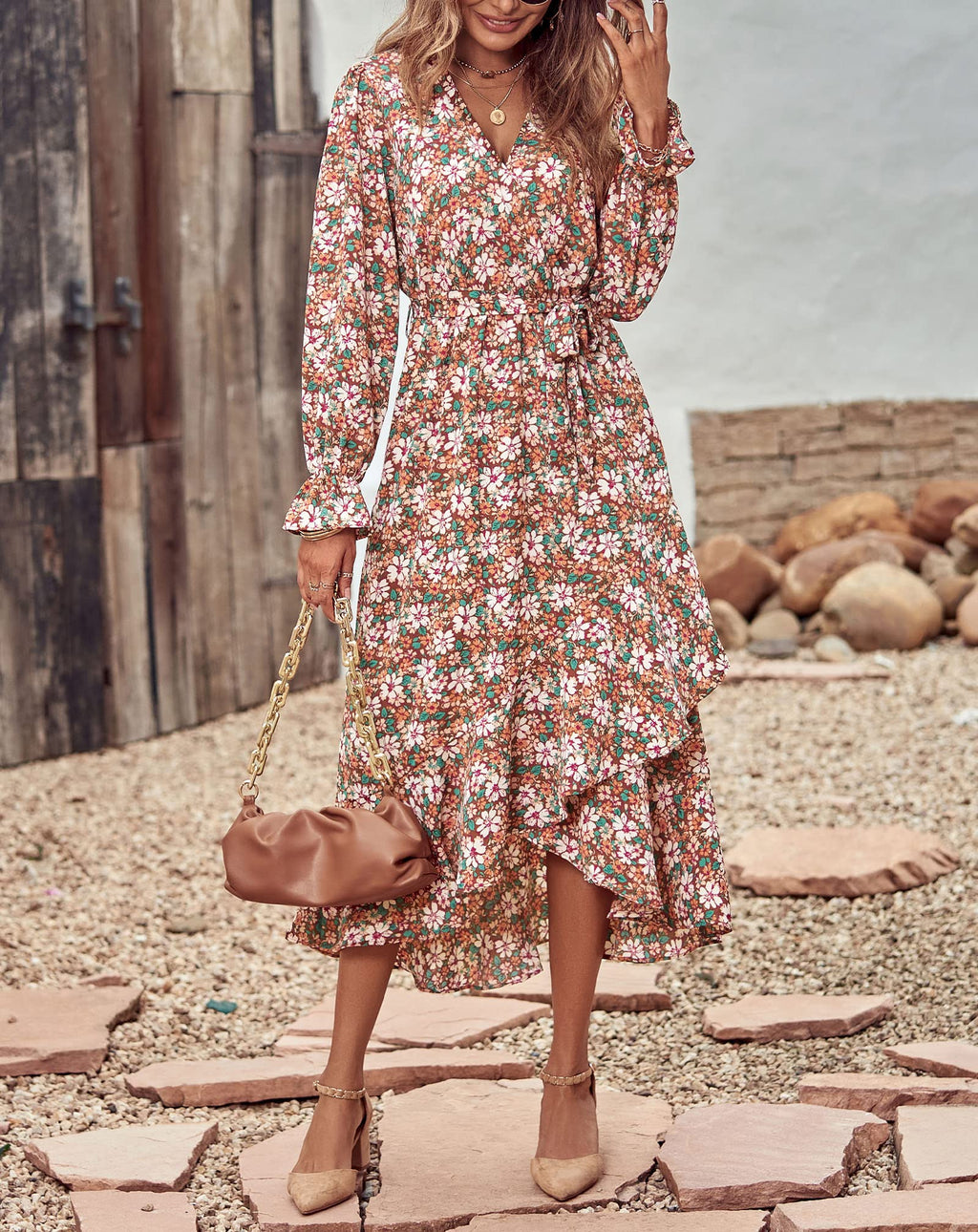 BTFBM Womens Dresses Summer V Neck Floral High Waist Ruffle Wedding Guest Cocktail Boho Spring Long Sleeve Dress