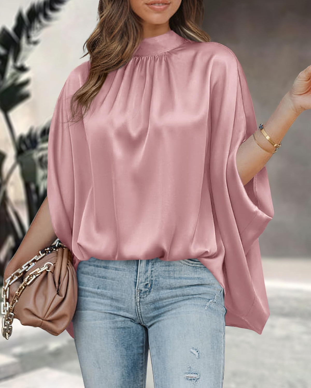 BTFBM Womens Summer Tops Mock Neck Batwing Sleeve Silk Satin Shirts Loose Oversized Dressy Casual Spring Blouses