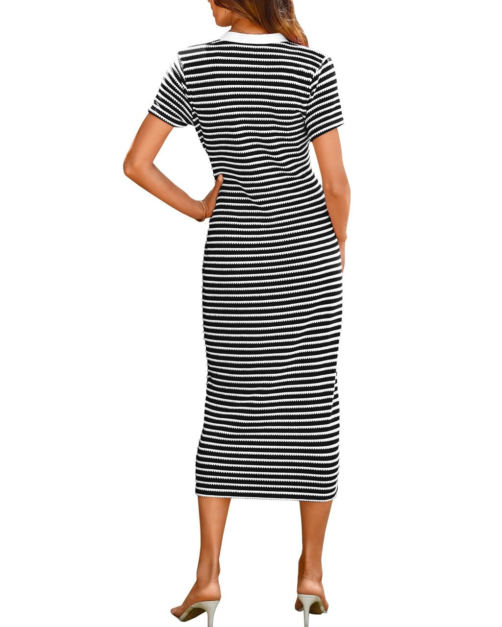 BTFBM Women Casual Summer Dresses Short Sleeve Striped Midi Dresses Decorative Button,V Neck,Bodycon,Lightweight, Ribbed Knit,Wedding Guest Dresses,Party,Night Out,Beach Vacation Clothes