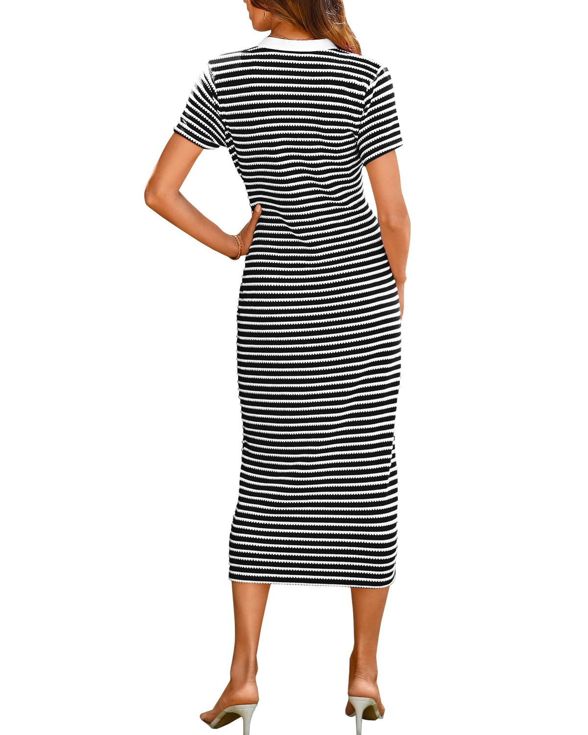 BTFBM Women Casual Summer Dresses Short Sleeve Striped Midi Dresses Decorative Button,V Neck,Bodycon,Lightweight, Ribbed Knit,Wedding Guest Dresses,Party,Night Out,Beach Vacation Clothes