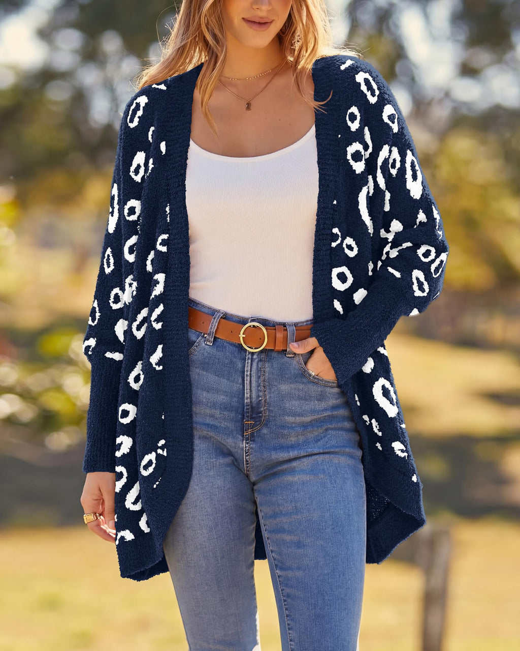 BTFBM Leopard Cardigan for Women Long Sleeve Open Front Cardigans Sweaters Pockets Loose Knit Fall Spring Outwear