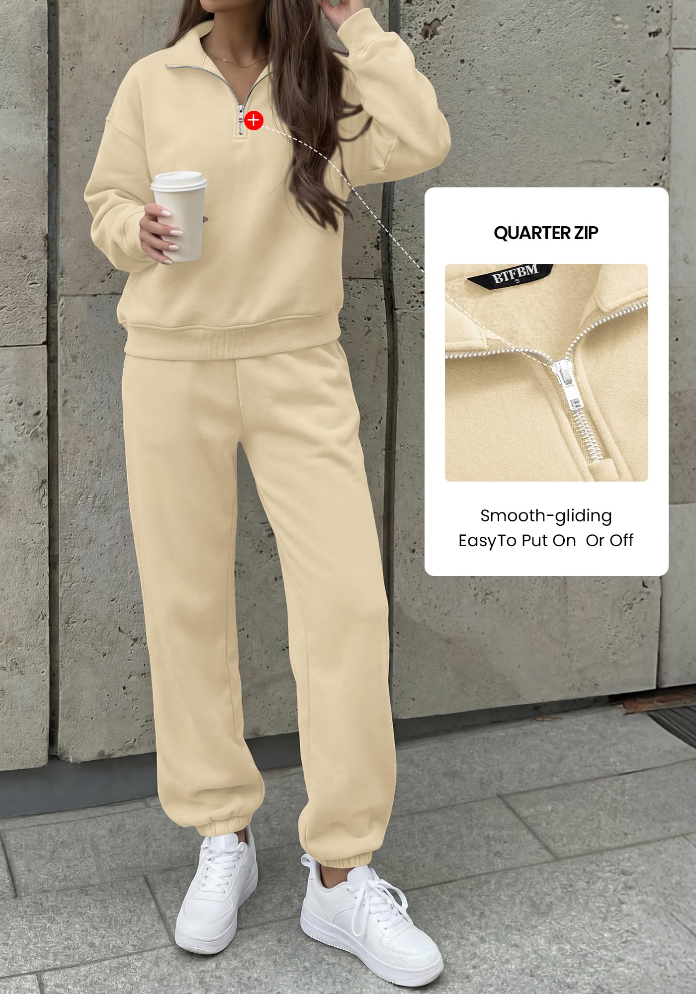 BTFBM Womens 2 Piece Outfits Sweatsuit Fleece Lounge Sets Quarter Zip Pullover Sweatshirt,Baggy Jogger Sweatpants,Fall Fashion Clothing,Airport Travel Matching Sweat Set