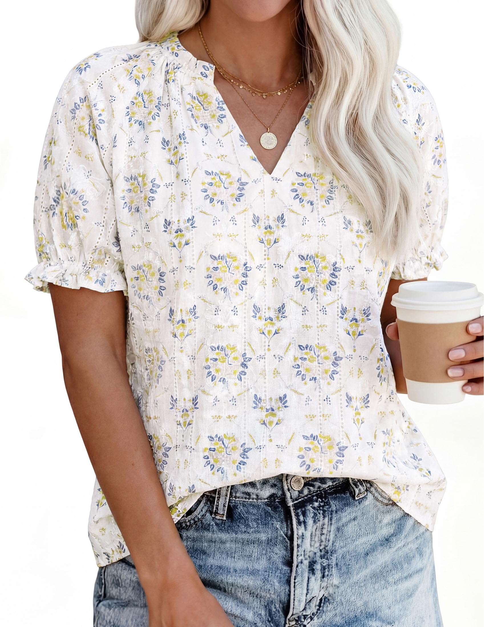PRETTYGARDEN Summer Short Sleeve V Neck Shirts for Women Trendy Floral Print Loose Ruffle Tops Business Casual Blouses