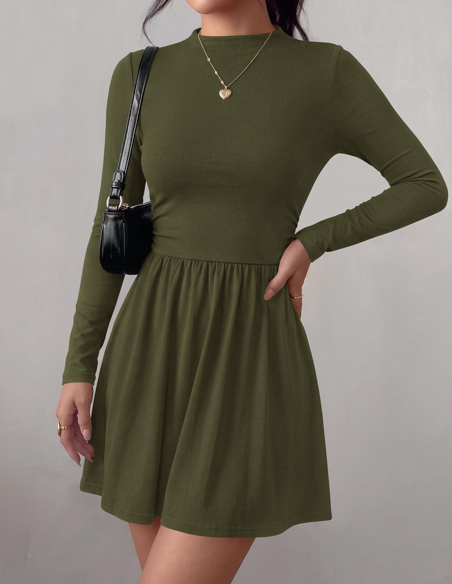 BTFBM Long Sleeve Dresses for Women Mock Neck A Line Flowy Mini Dress Swing Pleated Hem,Cocktail Party Club Holiday Going Out Outfits,Dressy Casual Winter,Trendy Early Fall Fashion Clothing